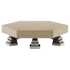 Contemporary Geometric Center Table in Grigio Tundra & Natural Beige Limestone