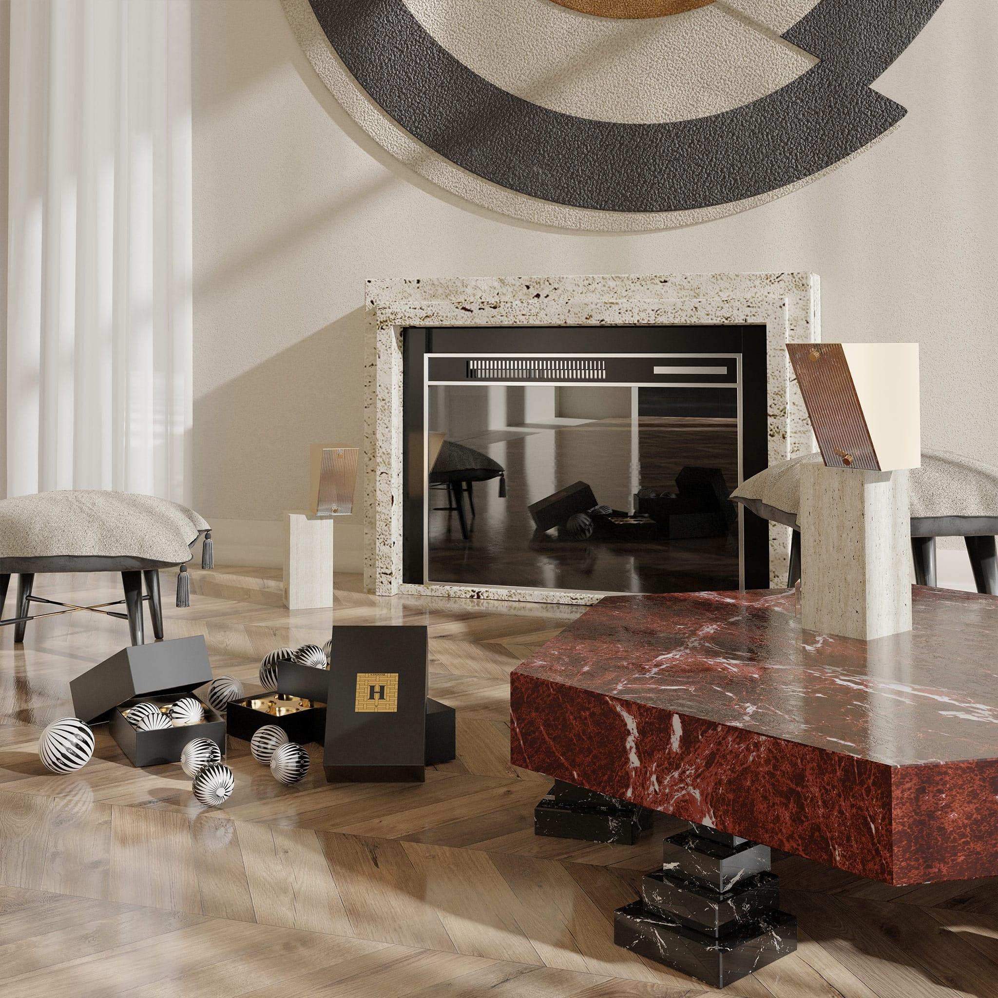 Contemporary Geometric Center Table in Red Levanto Marble & Nero Marquina Marble
Odonto Center Table is a modern coffee table that is an excellent choice for a contemporary luxury design. It was created to re-interpret the hexagonal shapes seen in