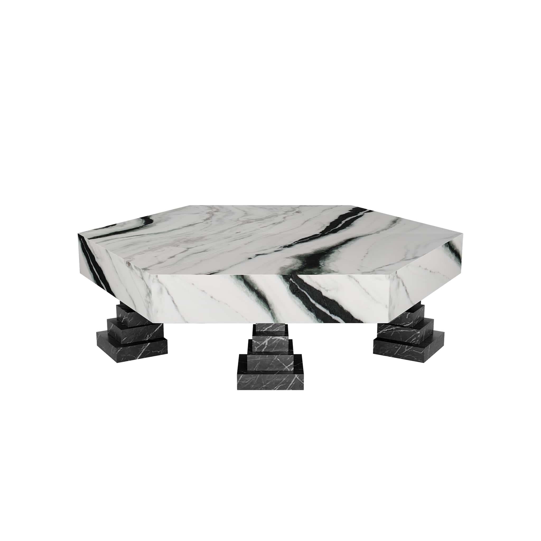 Modern Contemporary Geometric Center Table in Red Levanto Marble & Nero Marquina Marble For Sale