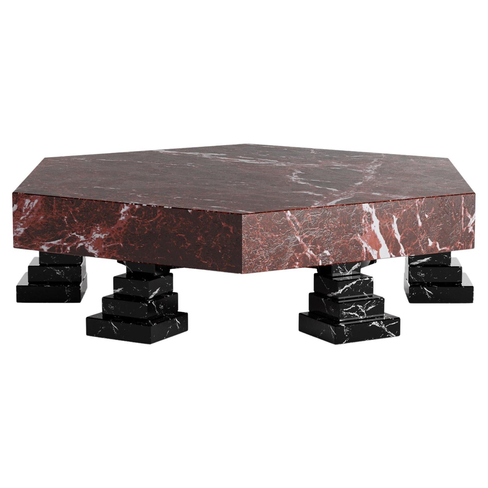 Table centrale géométrique contemporaine en marbre Levanto rouge et marbre Nero Marquina