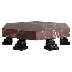 Contemporary Geometric Center Table in Red Levanto Marble & Nero Marquina Marble