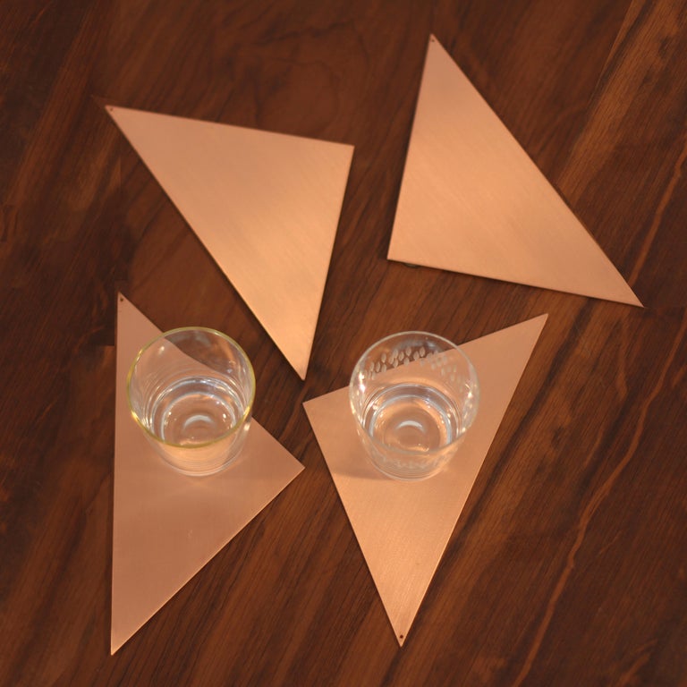 Brushed Contemporary Geometric Copper and Blue Metal Coaster Set For Sale