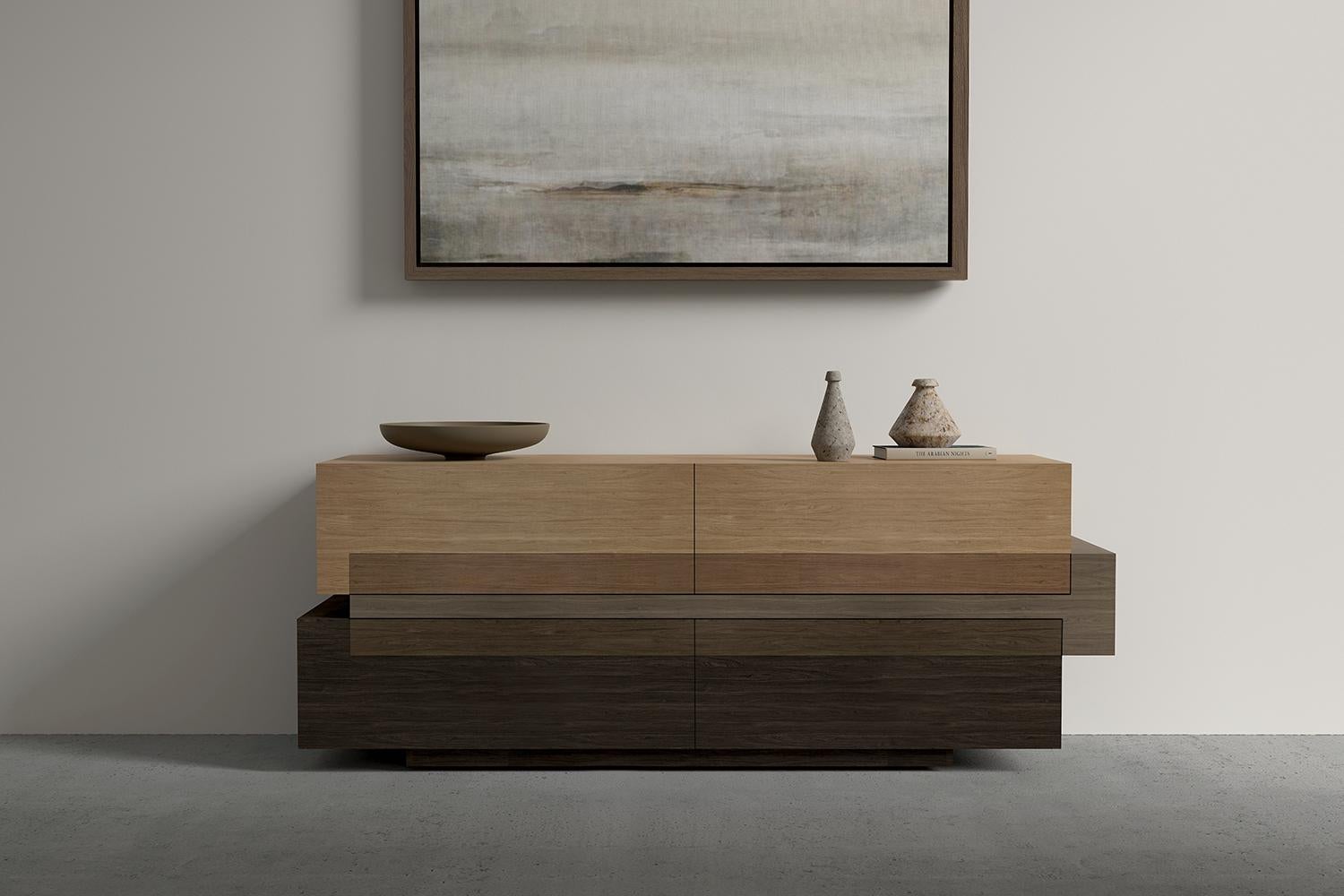 Booleanos Sideboard, Credenza, Console in Warm Wood Veneer by Joel Escalona

Booleanos collection reflects the concept of involuntary interactions and unexpected intersections. 

Geometric credenza designed by Joel Escalona, configured with four