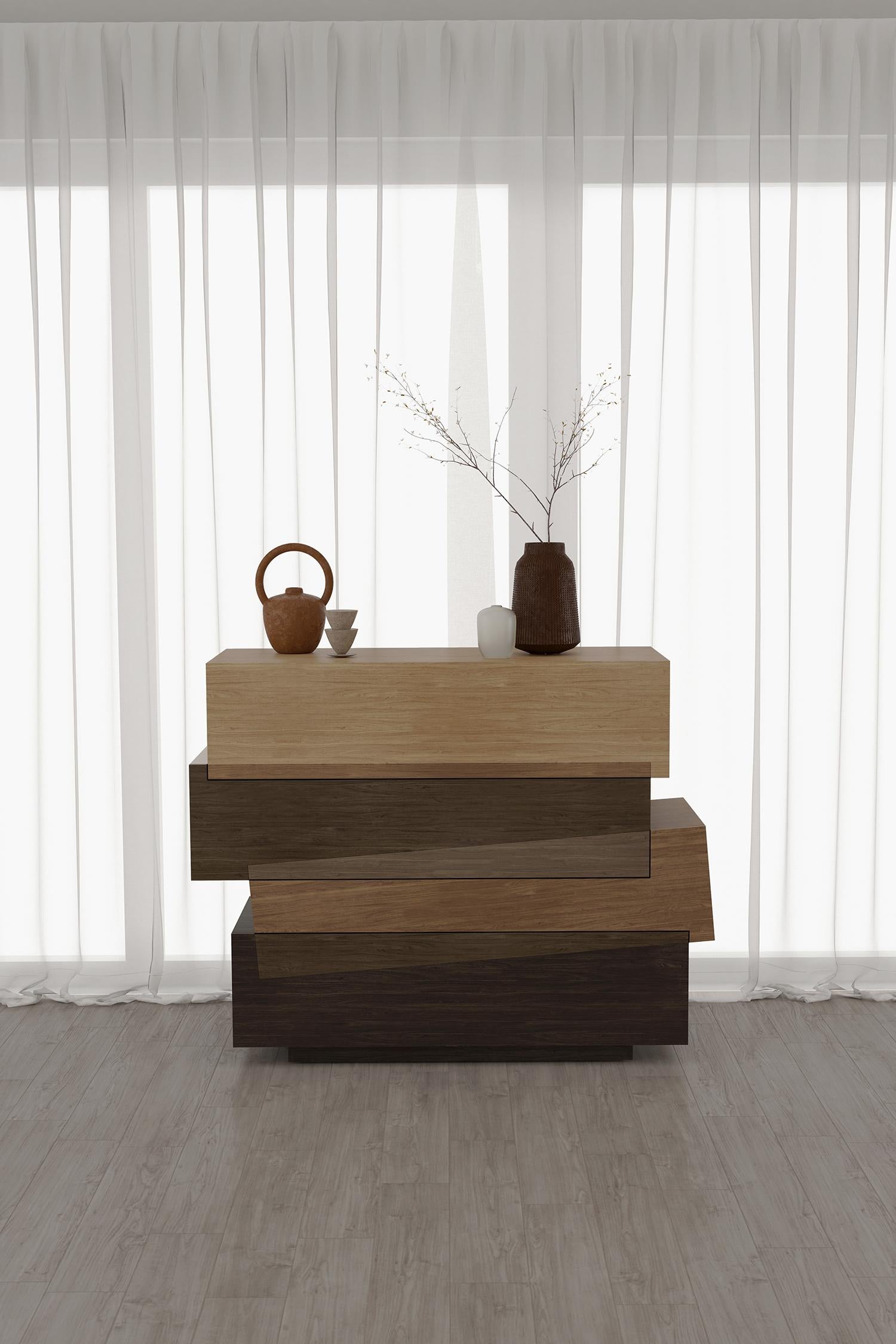 Contemporary Booleanos Dresser 3 Drawers, Chest of Drawers in Warm Wood Veneer, Joel Escalona For Sale