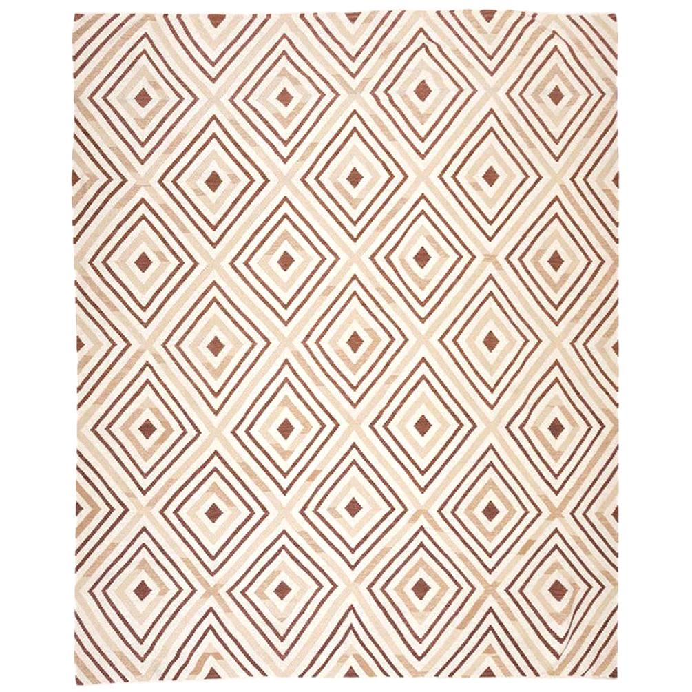 Geometric Flat-Weave Handmade Beige Kilim Wool Rug. 3.80 x 3.10 m