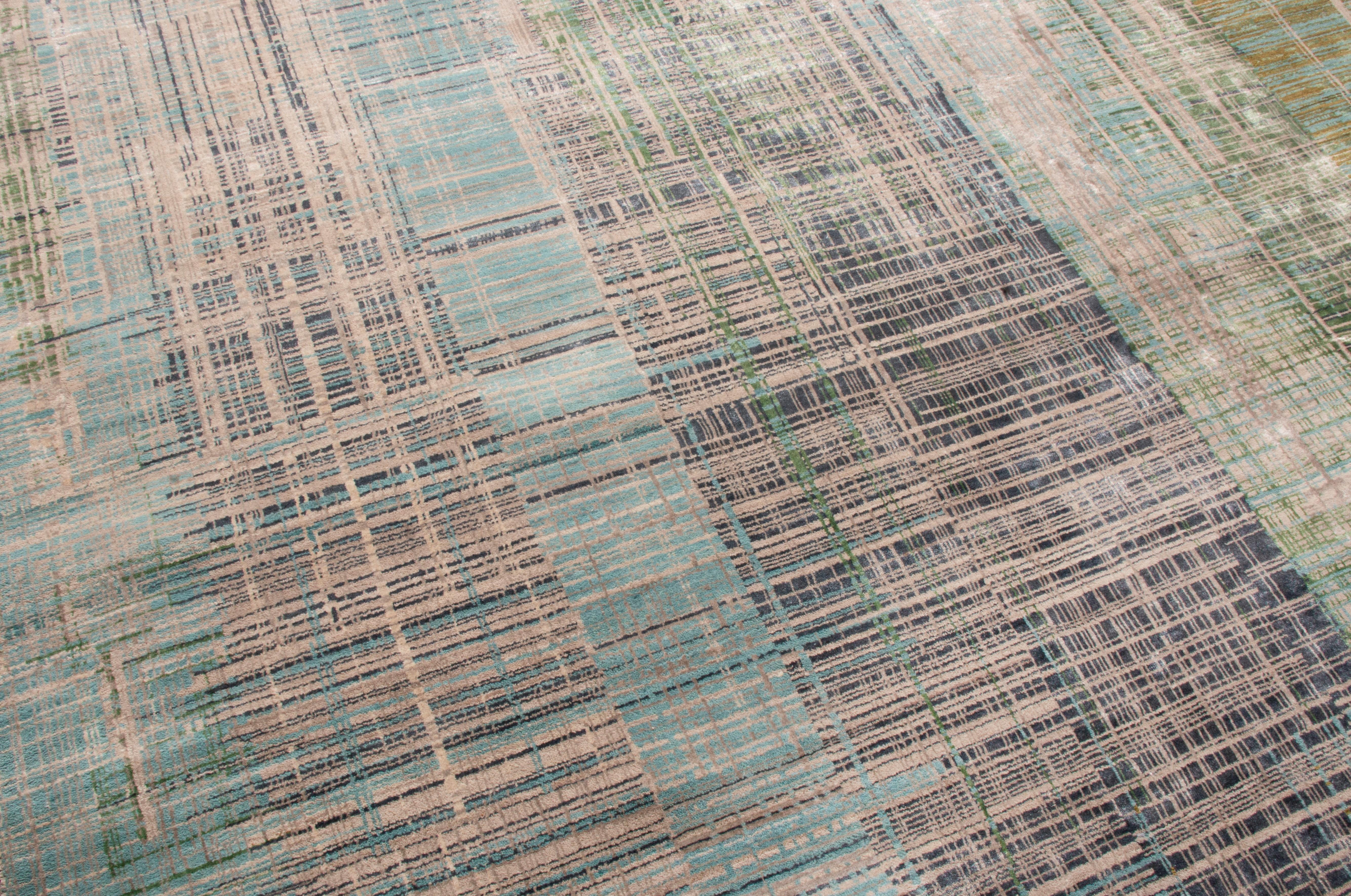 Moderne Tapis contemporain en laine verte et bleue géométrique de Kilim en vente