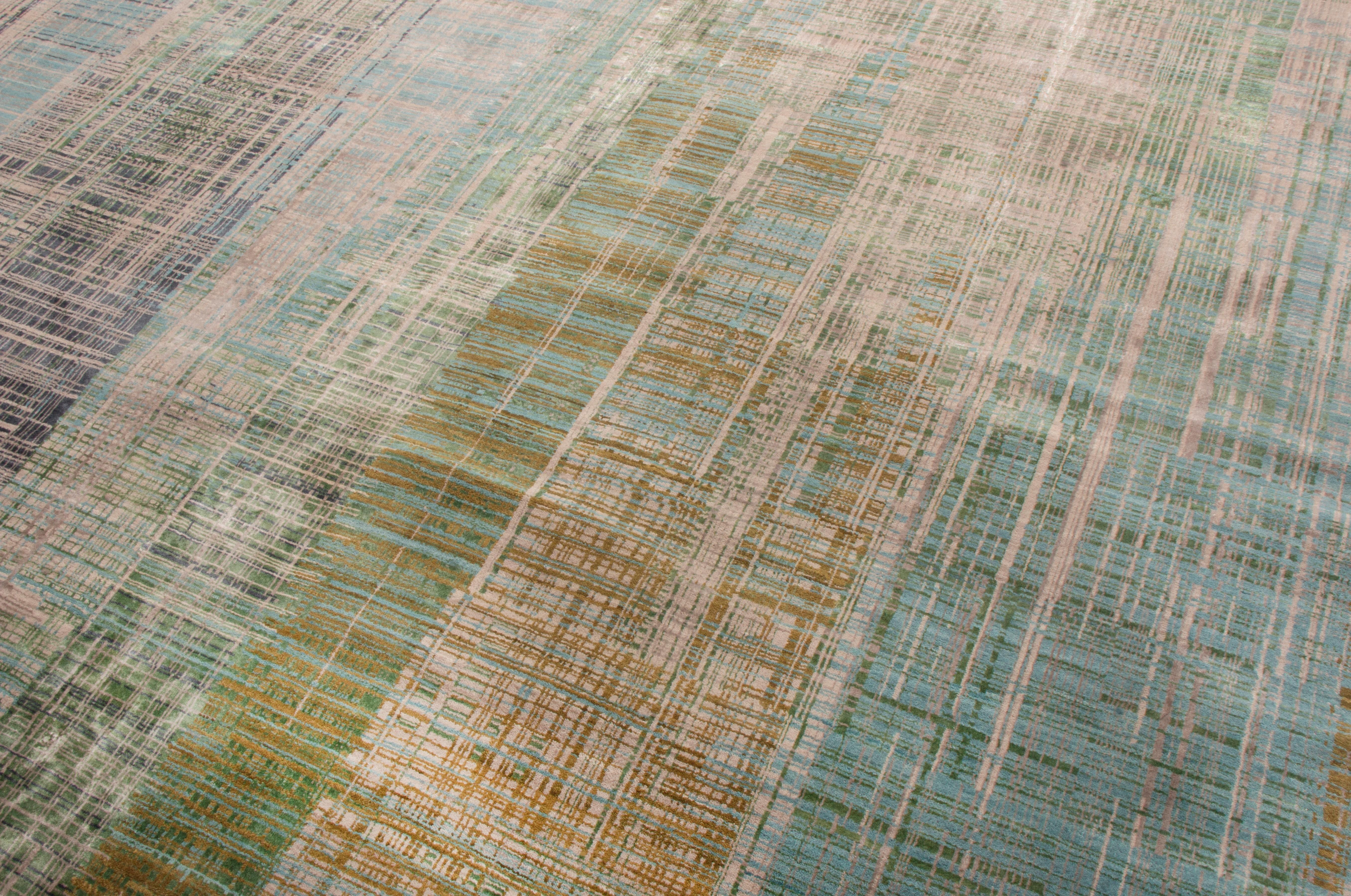 Noué à la main Tapis contemporain en laine verte et bleue géométrique de Kilim en vente