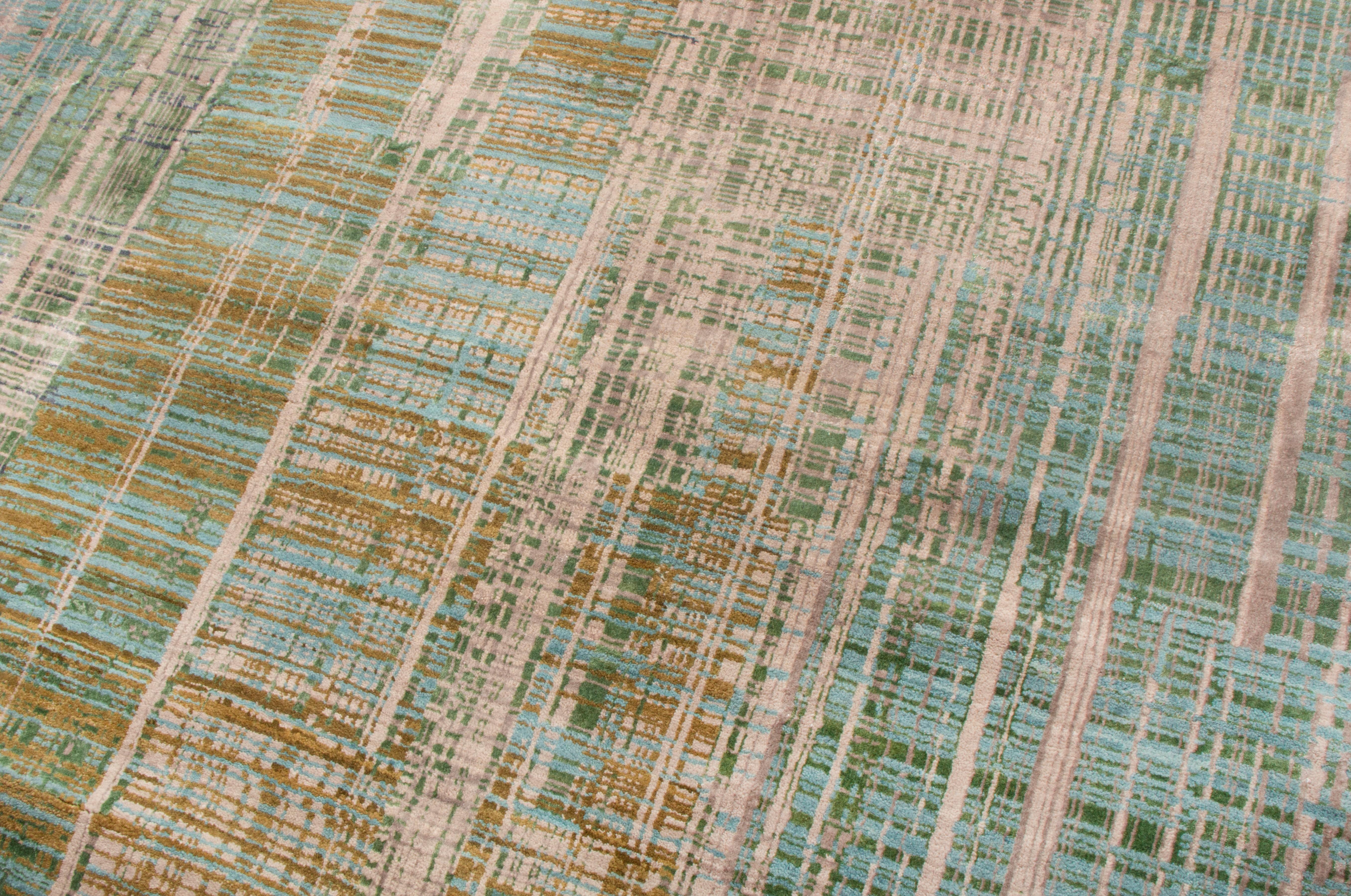 Modern Contemporary Geometric Green and Blue Wool Rug
