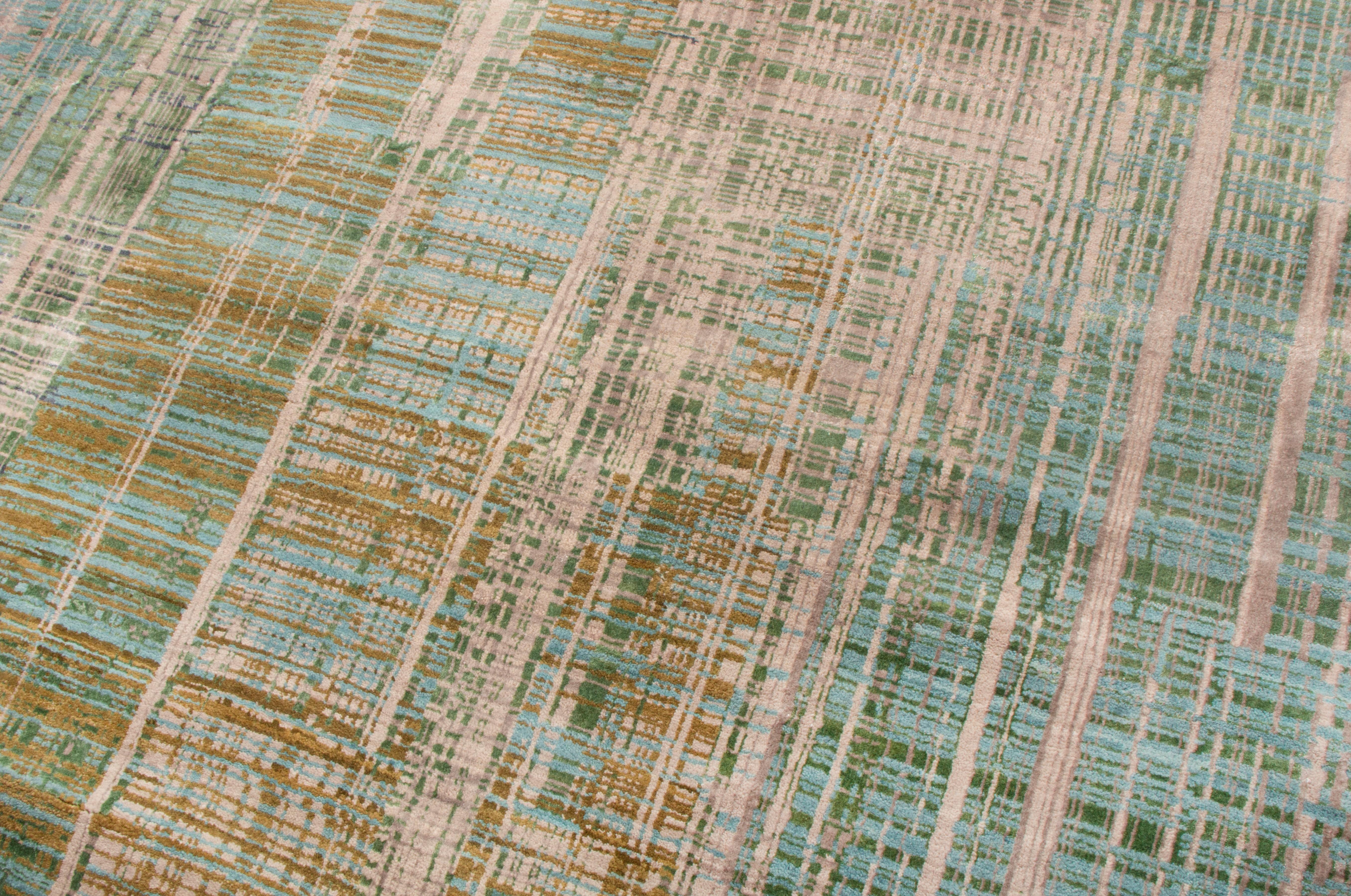 Tapis contemporain en laine verte et bleue géométrique de Kilim Neuf - En vente à Long Island City, NY