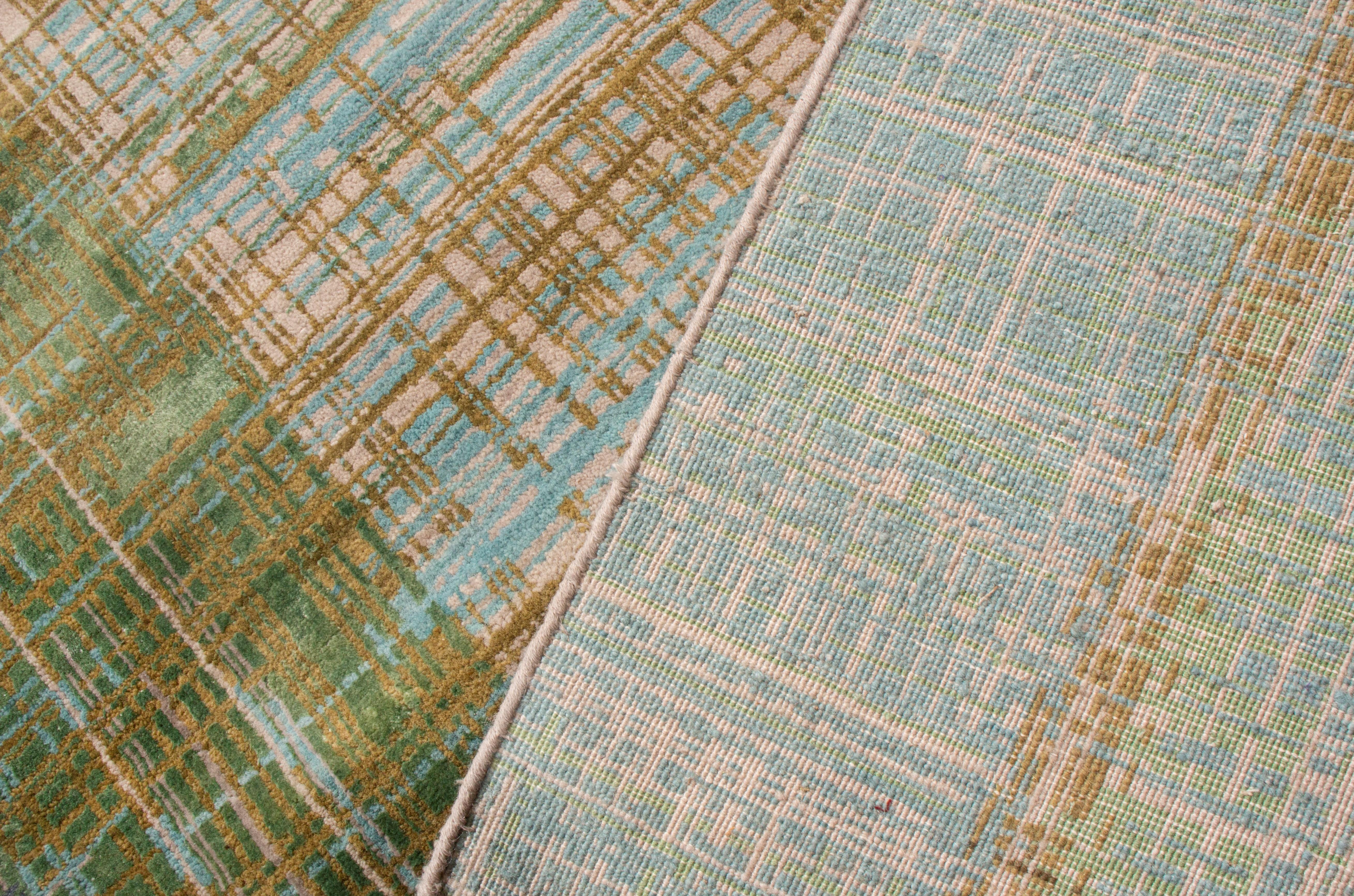 Hand-Knotted Contemporary Geometric Green and Blue Wool Rug