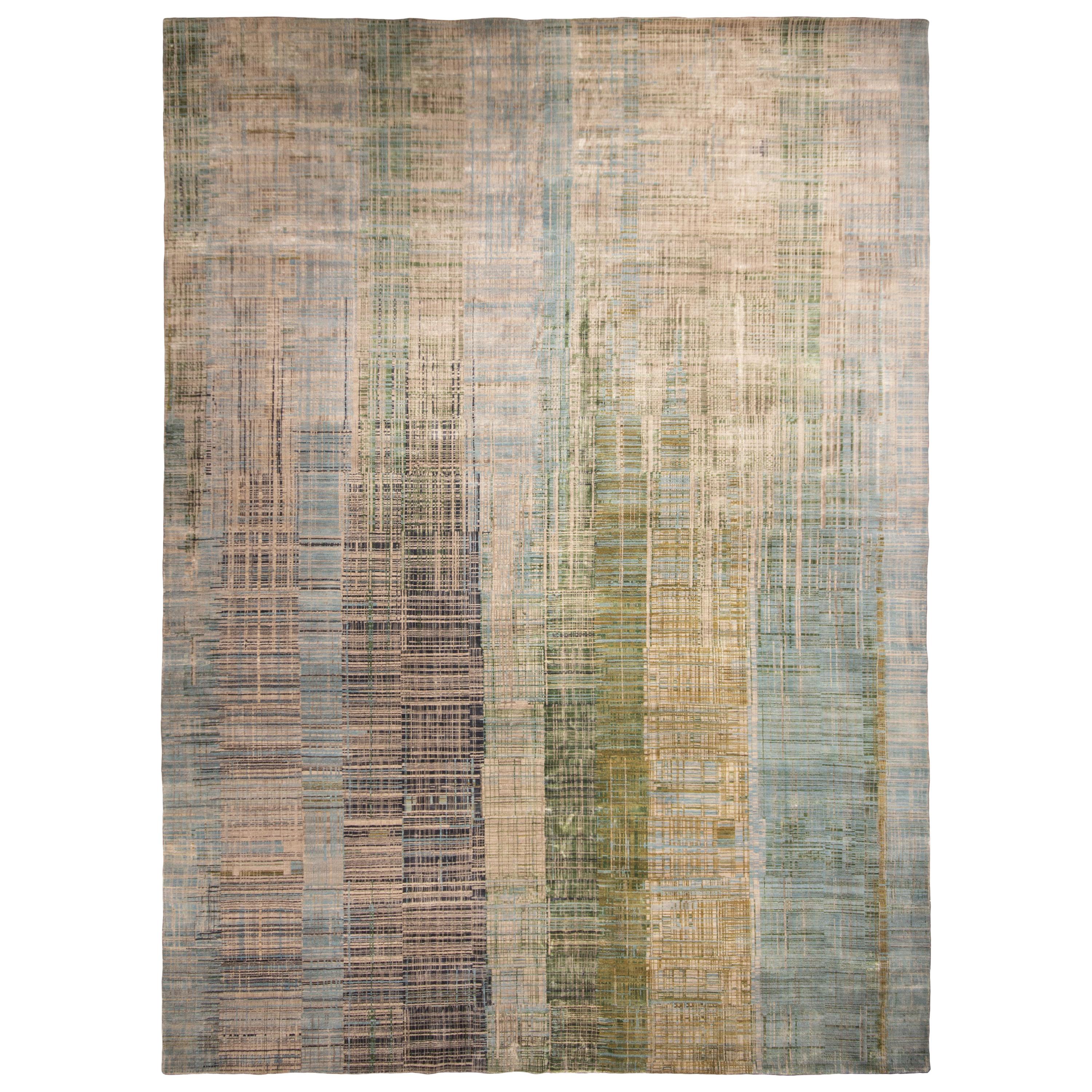 Contemporary Geometric Green and Blue Wool Rug
