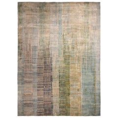 Contemporary Geometric Green and Blue Wool Rug