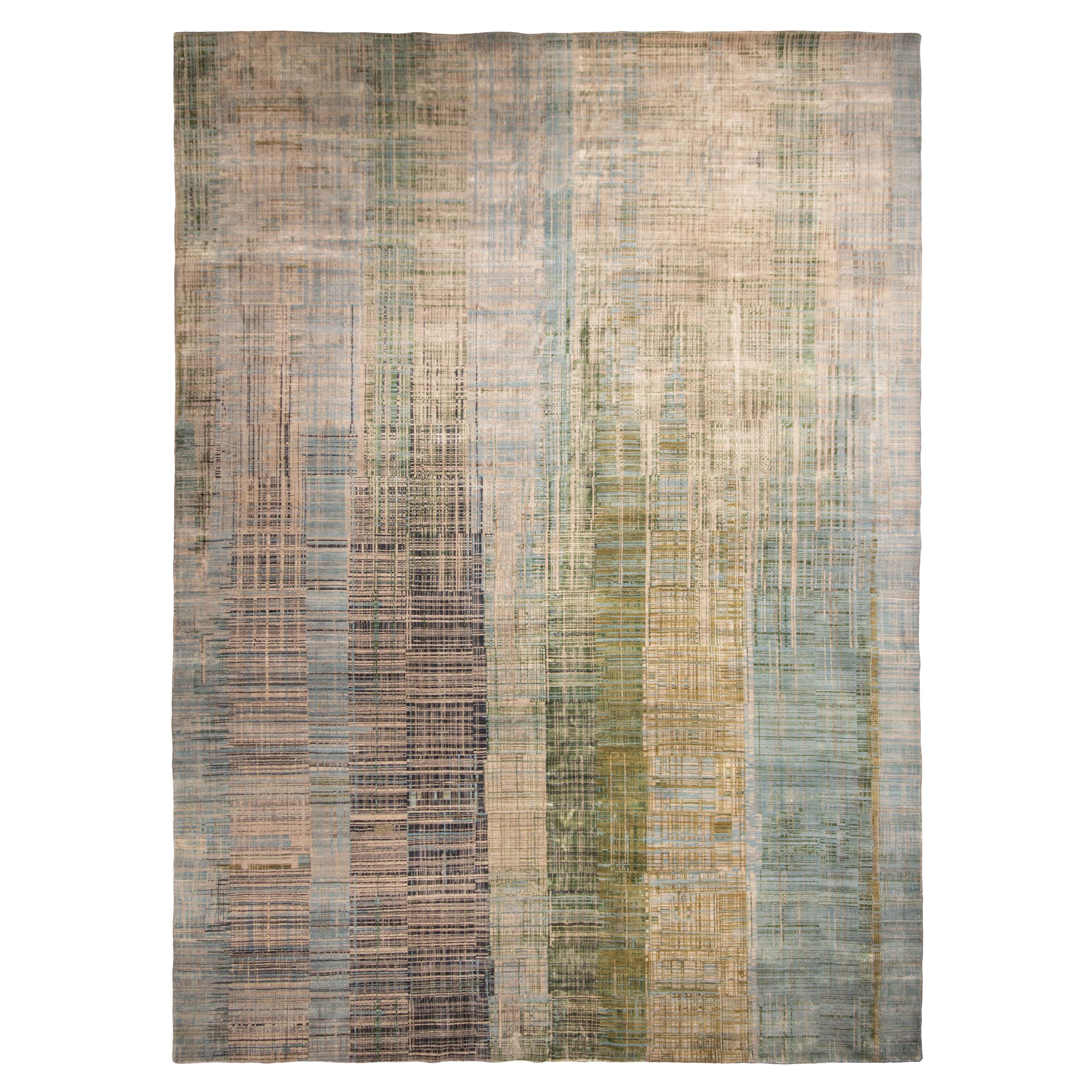 Contemporary Geometric Green and Blue Wool Rug