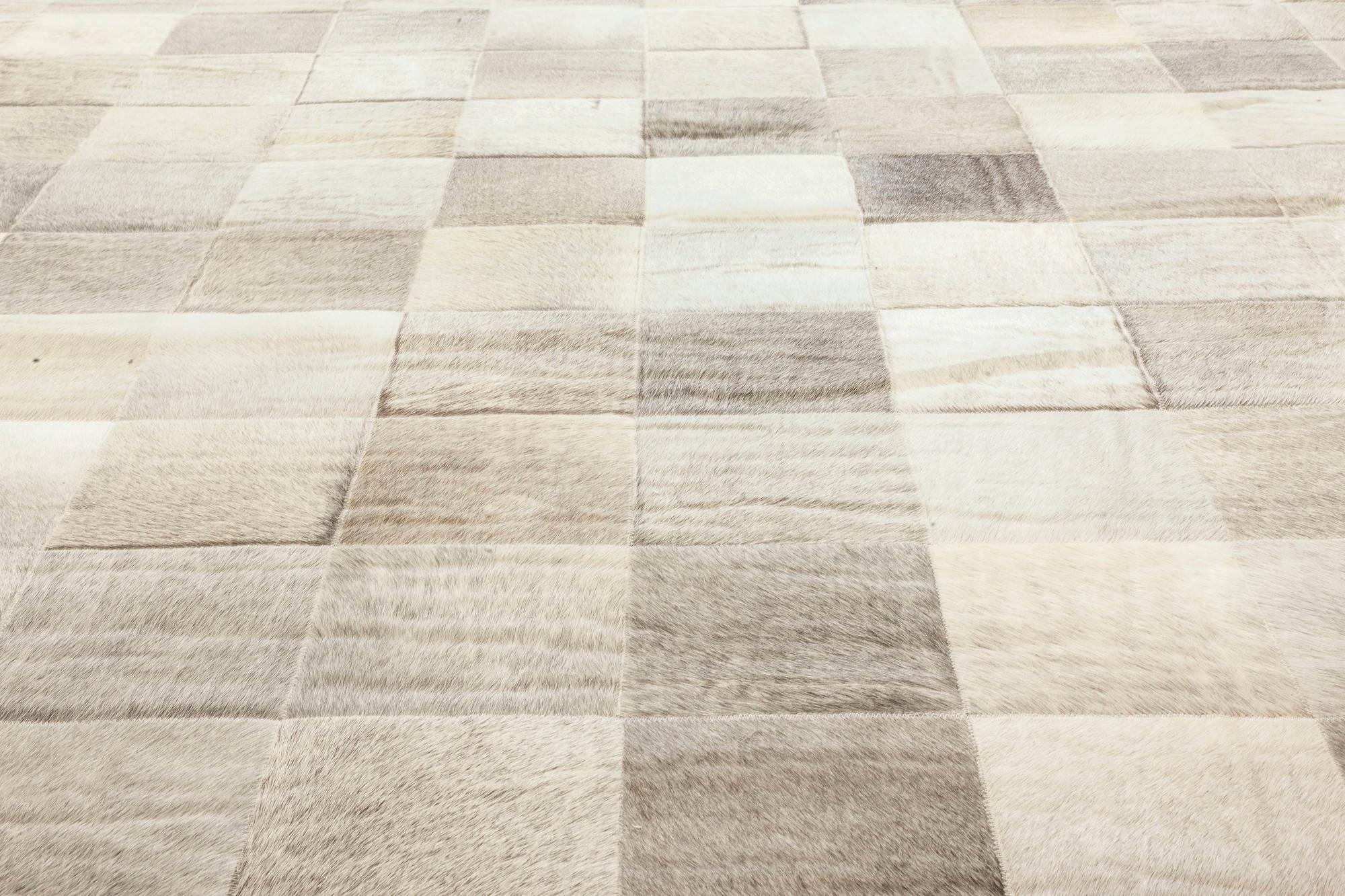 Spanish Contemporary Geometric Hair on Hide Grey Leather Runner by Doris Leslie Blau For Sale