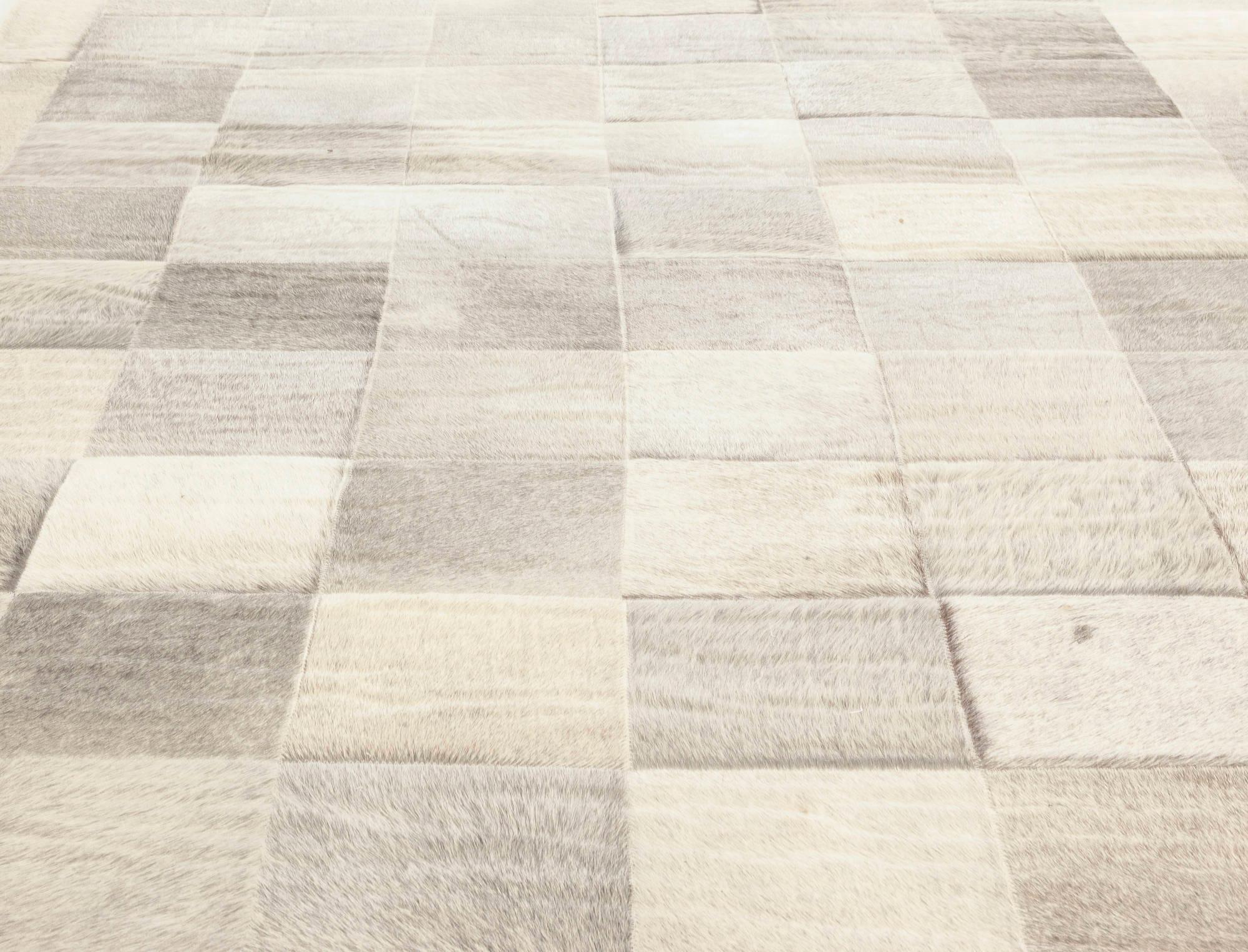 Hand-Knotted Contemporary Geometric Hair on Hide Grey Leather Runner by Doris Leslie Blau For Sale