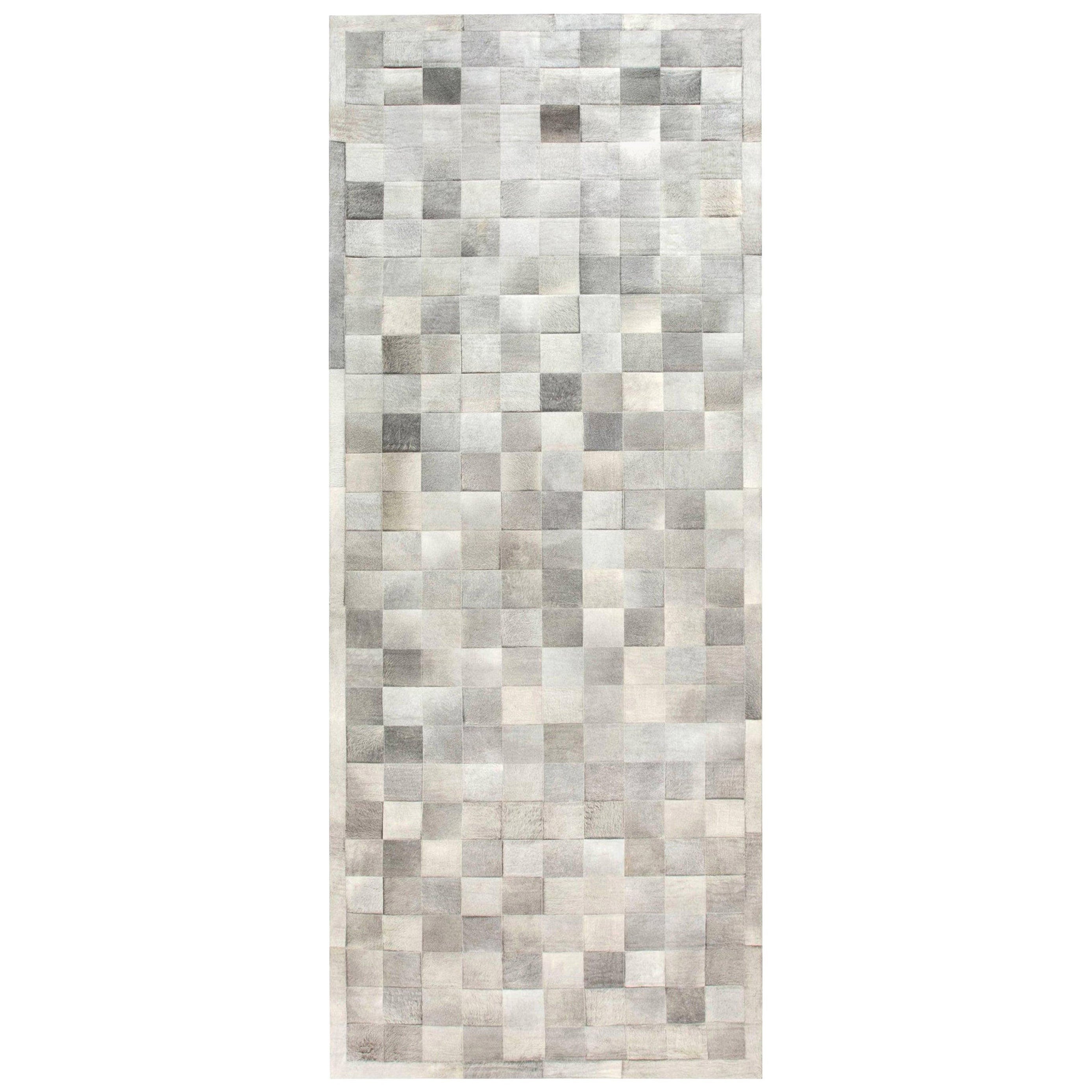 Contemporary Geometric Hair on Hide Grey Leather Runner by Doris Leslie Blau For Sale