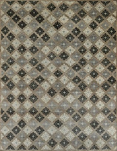 Contemporary Geometric Hand-Knotted Wool Rug in Beige, Ivory, and Charcoal