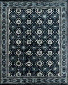 Contemporary Geometric Hand-Knotted Wool Rug in Indigo Blue and Ivory