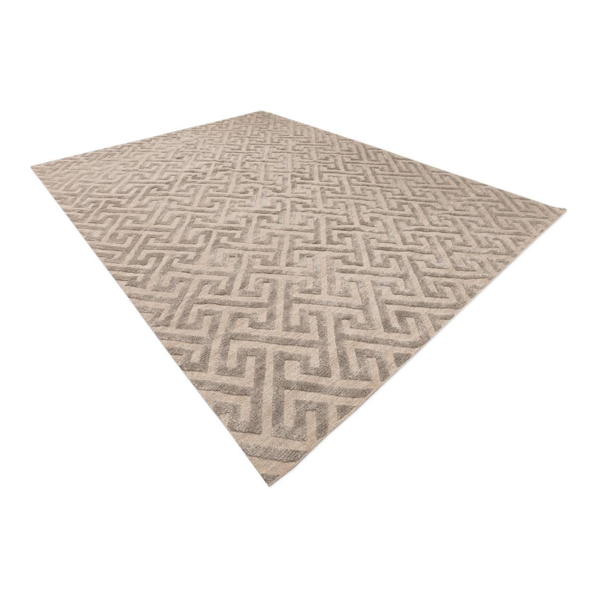 Indian Contemporary Geometric Handmade Gray Silk and Wool Rug