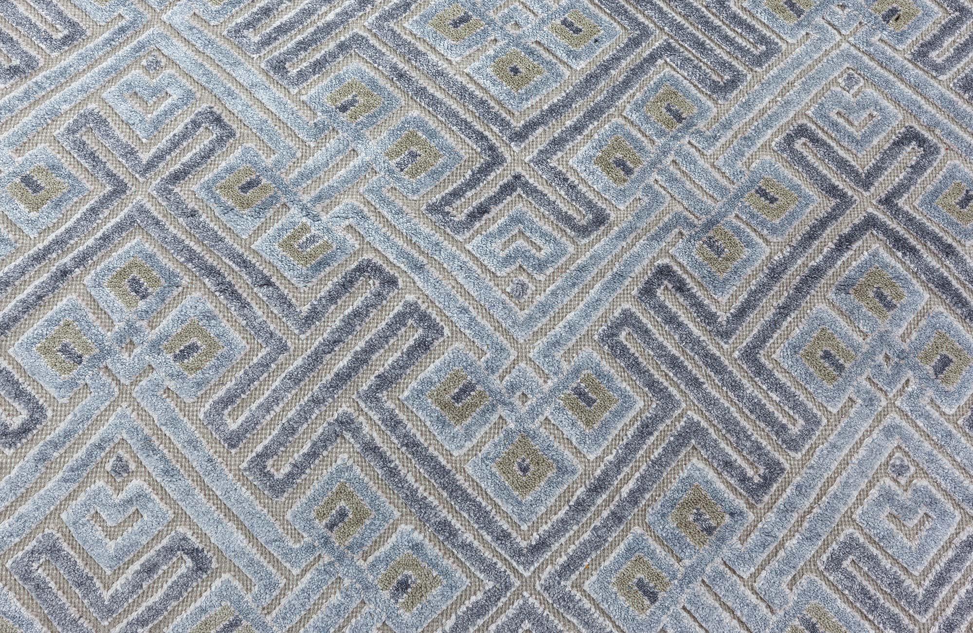 Modern Contemporary Geometric High-Low Knotted Wool Silk Rug by Doris Leslie Blau For Sale