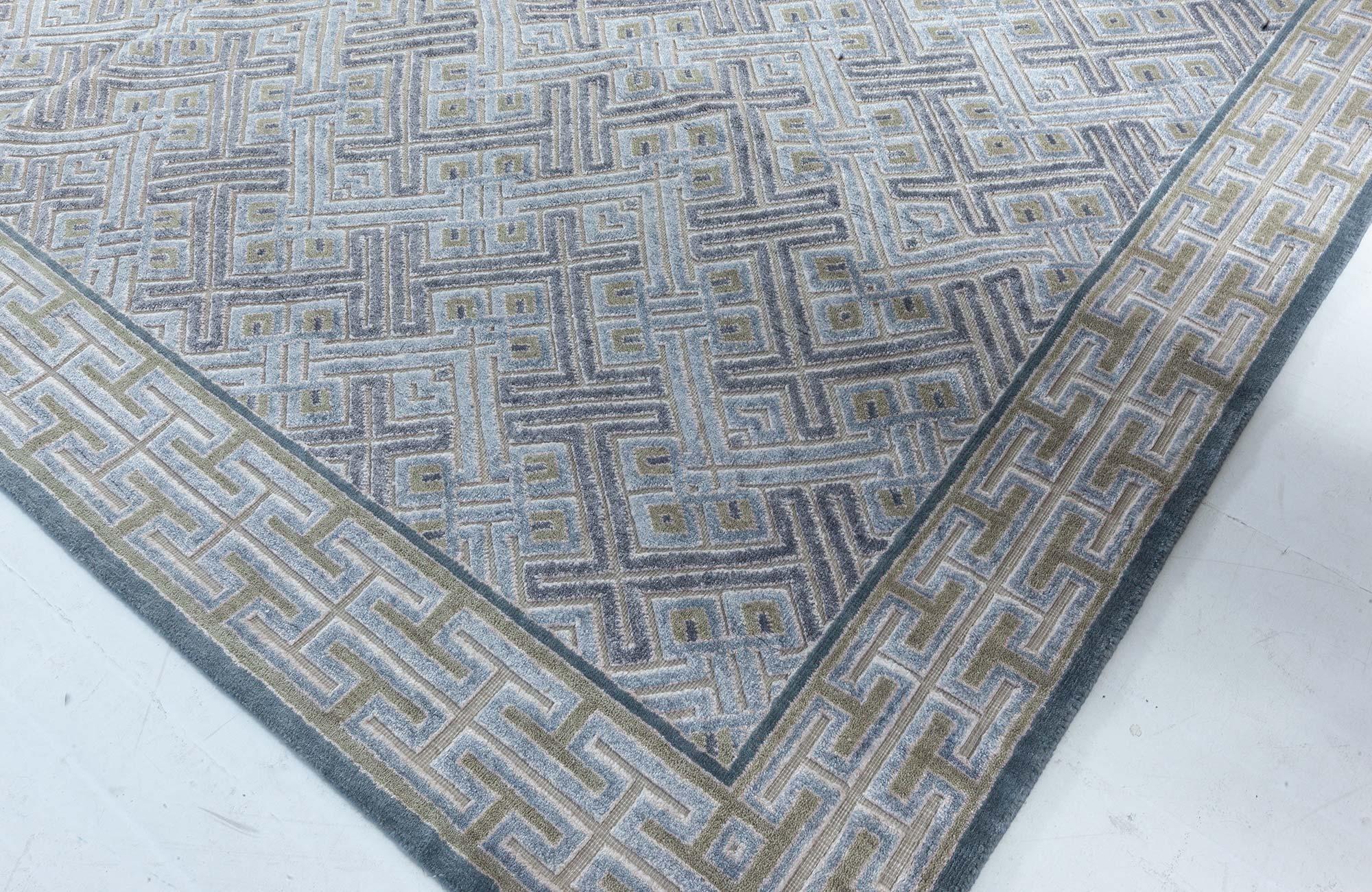 Contemporary Geometric High-Low Knotted Wool Silk Rug by Doris Leslie Blau In New Condition For Sale In New York, NY