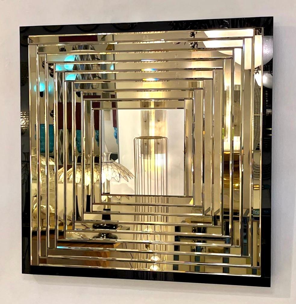 Minimalist Contemporary Geometric Italian Black Bronzed Murano Glass Gradient Square Mirror
