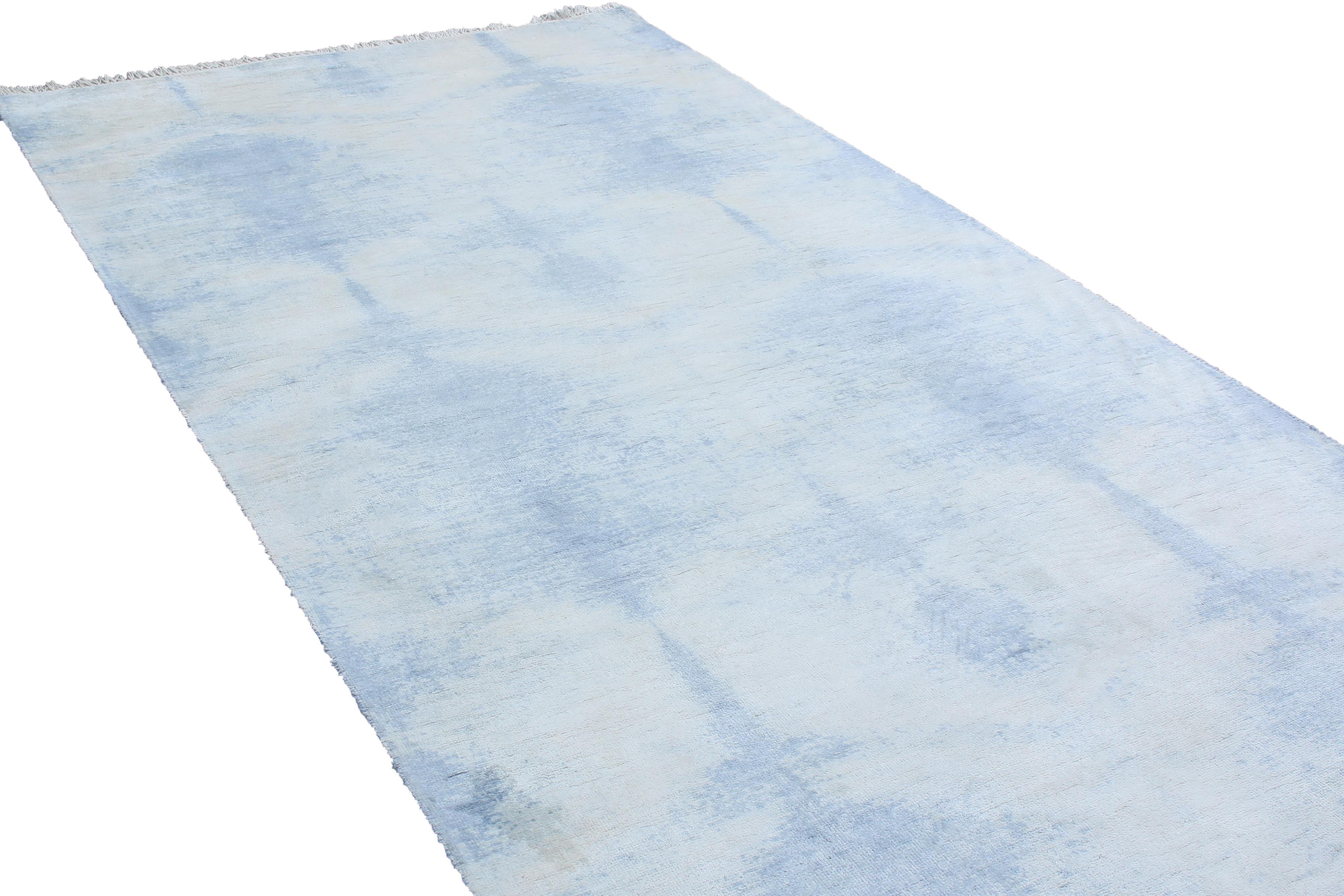 Indian Rug & Kilim's Contemporary Geometric Ivory Blue Wool and Silk Runner For Sale
