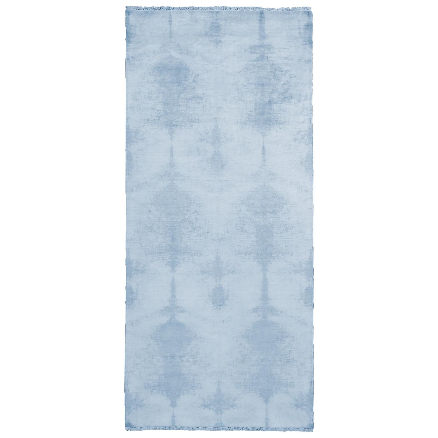 Rug & Kilim's Contemporary Geometric Ivory Blue Wool and Silk Runner For Sale 2