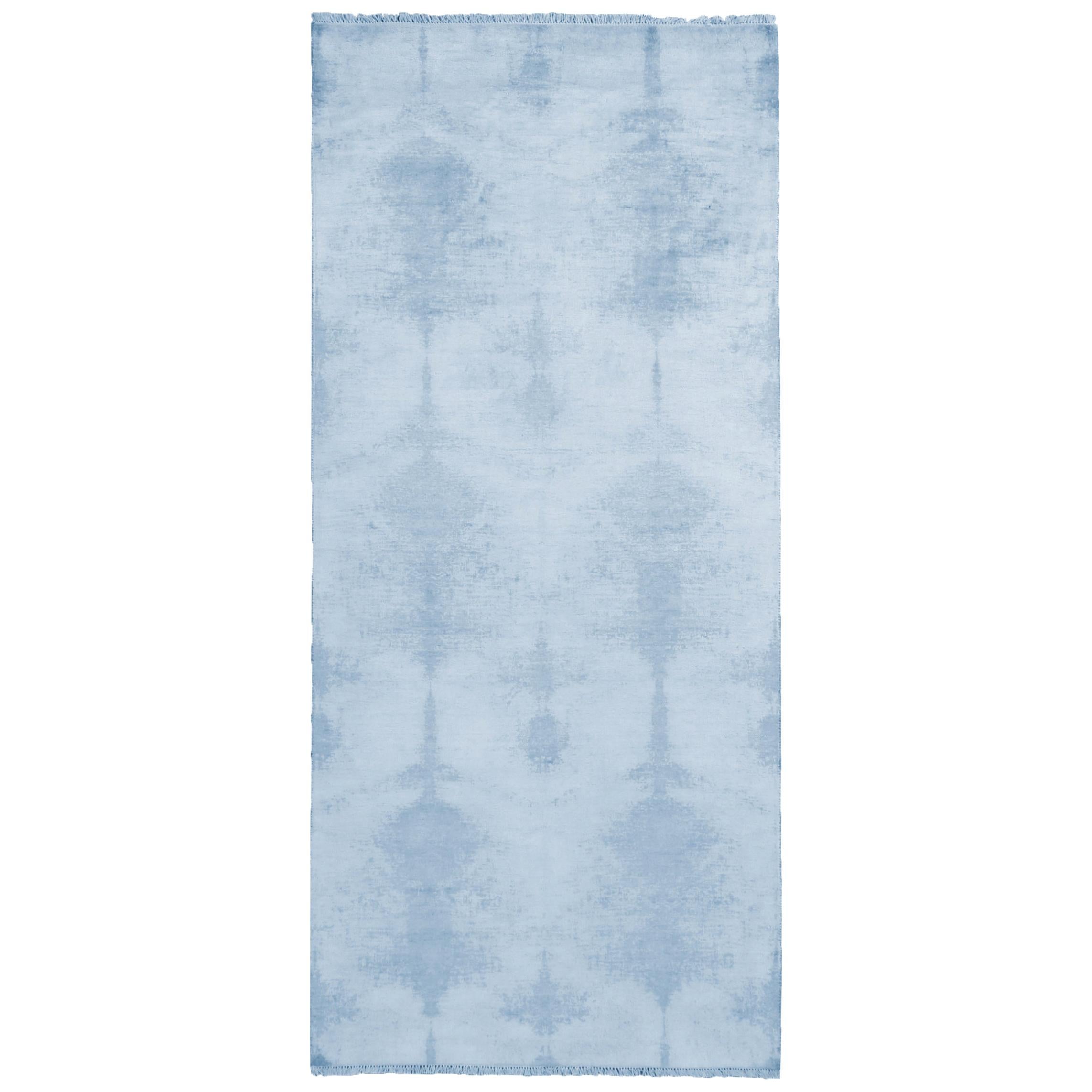Contemporary Geometric Ivory Blue Wool and Silk Runner