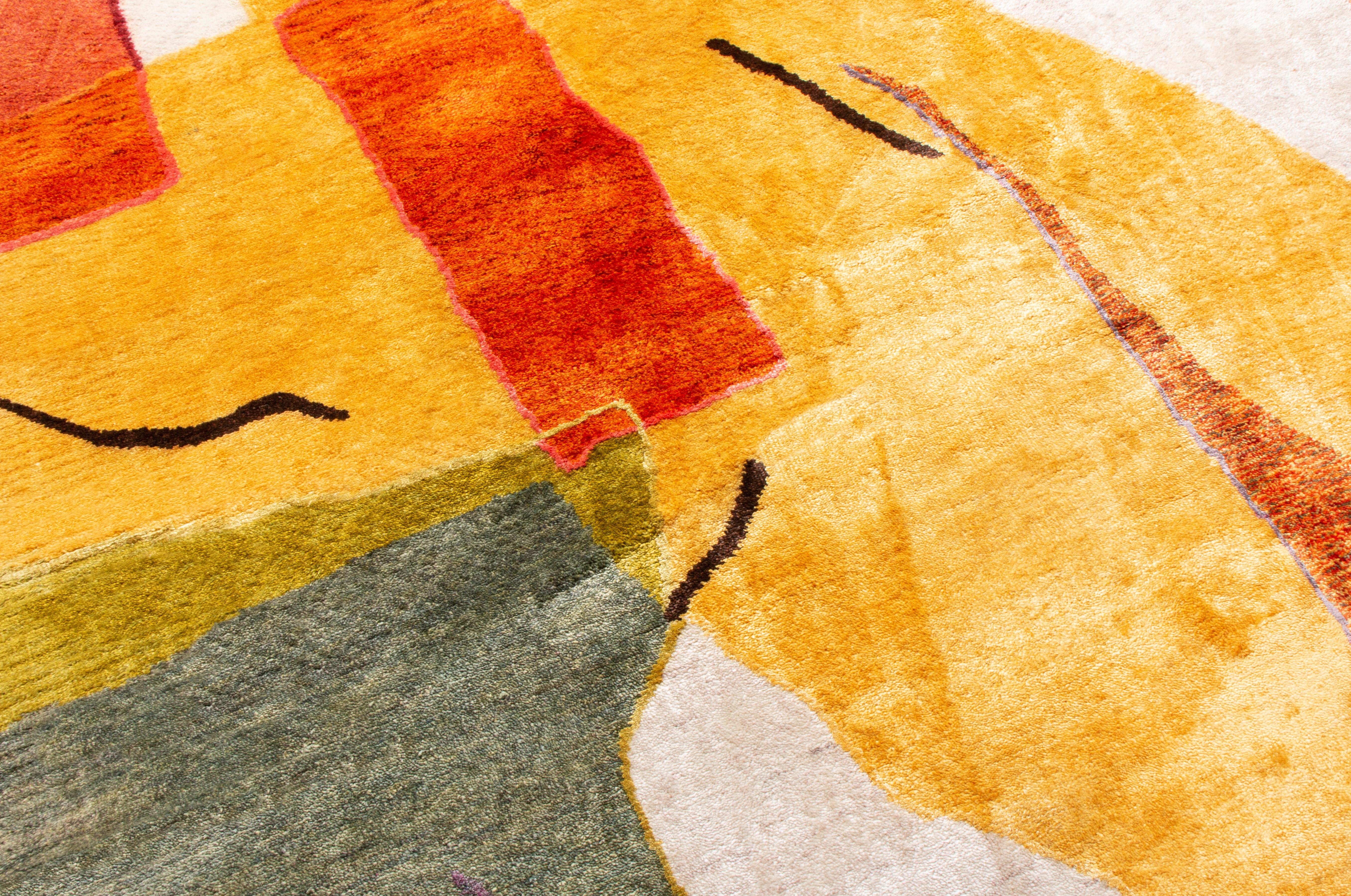 Modern Contemporary Geometric Orange and Yellow Wool-Silk Rug