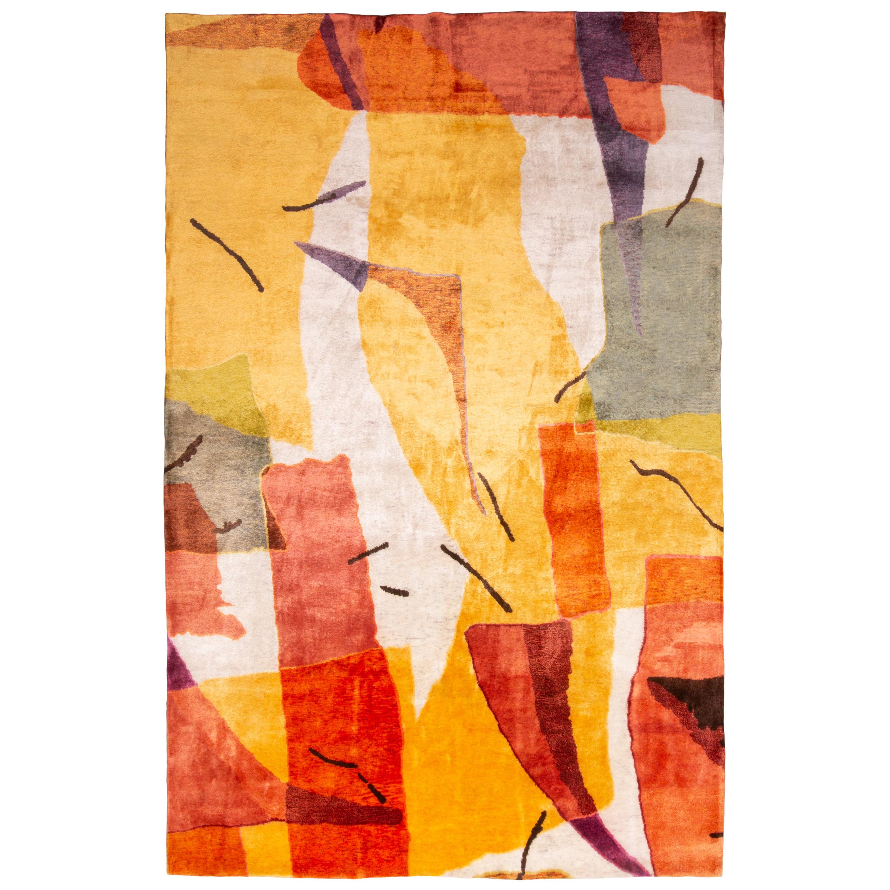 Contemporary Geometric Orange and Yellow Wool-Silk Rug