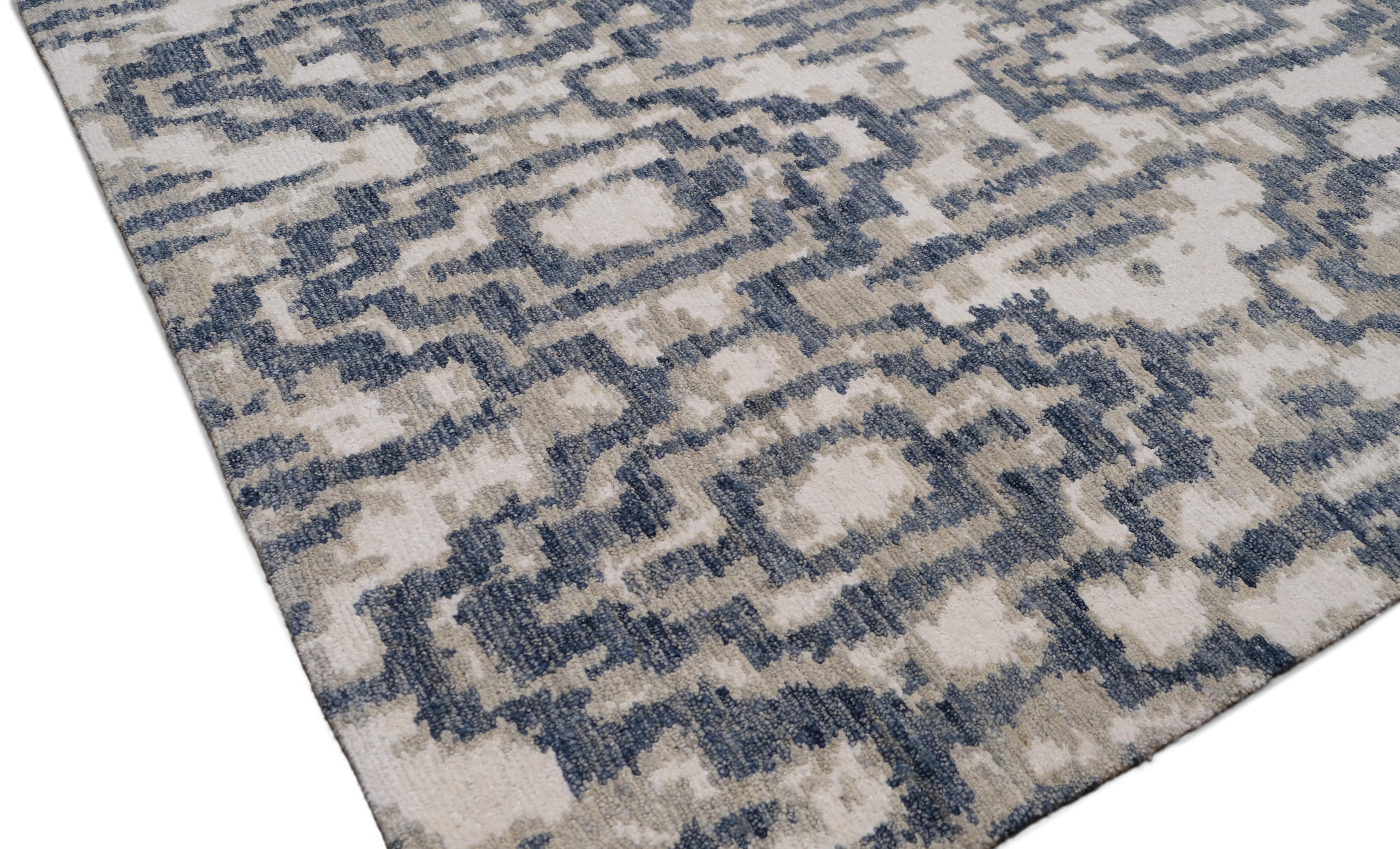 Alfombra de lana con motivos geométricos contemporáneos Azul Verde y Marfil 9'x12' Moderno en venta