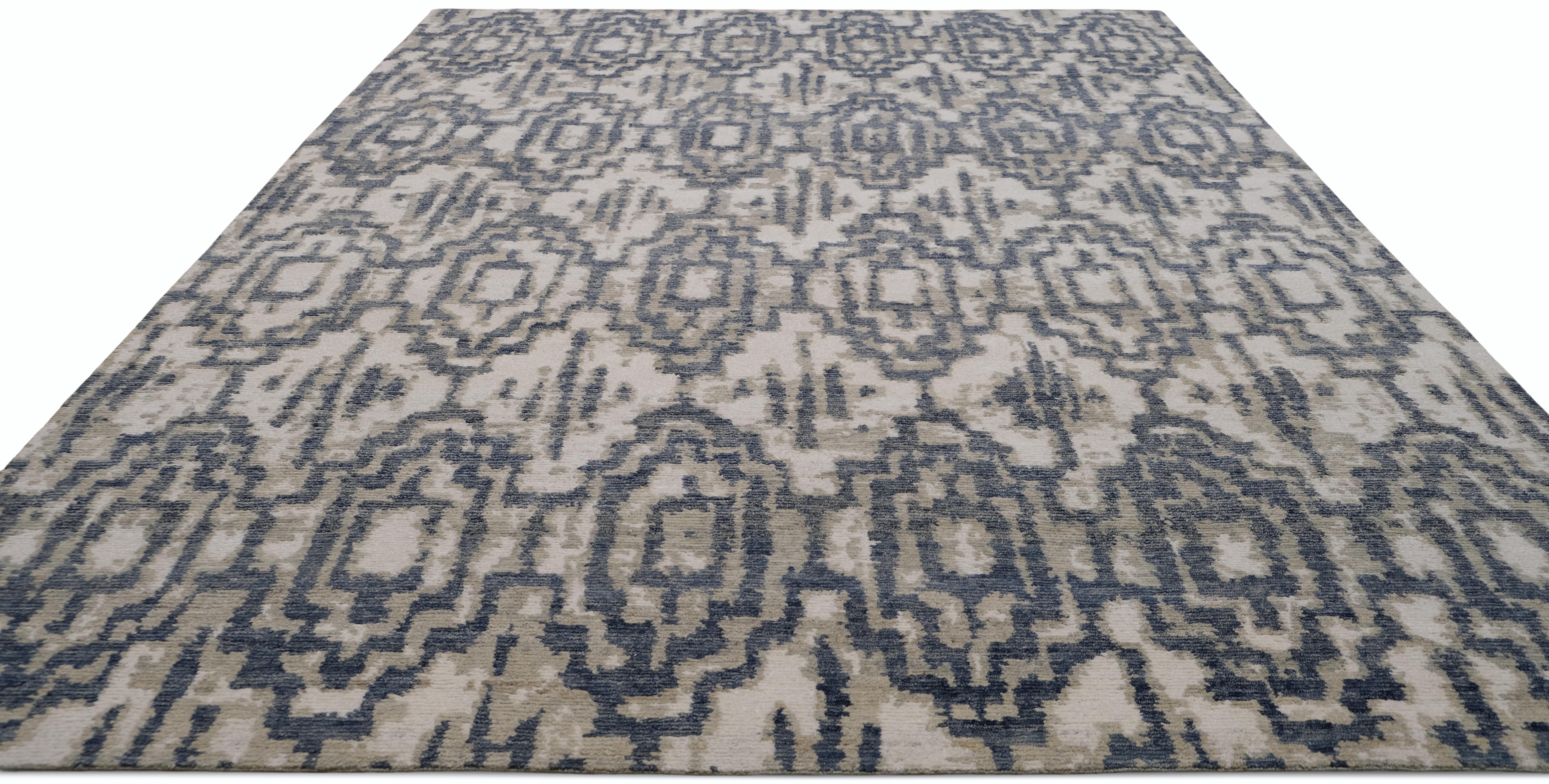 Alfombra de lana con motivos geométricos contemporáneos Azul Verde y Marfil 9'x12' Nepalés en venta
