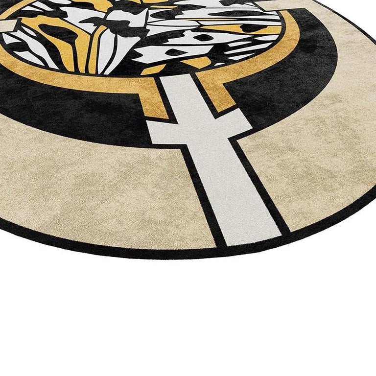 Contemporary Geometric Black and Yellow Oval Rug In Handwoven Lyocell