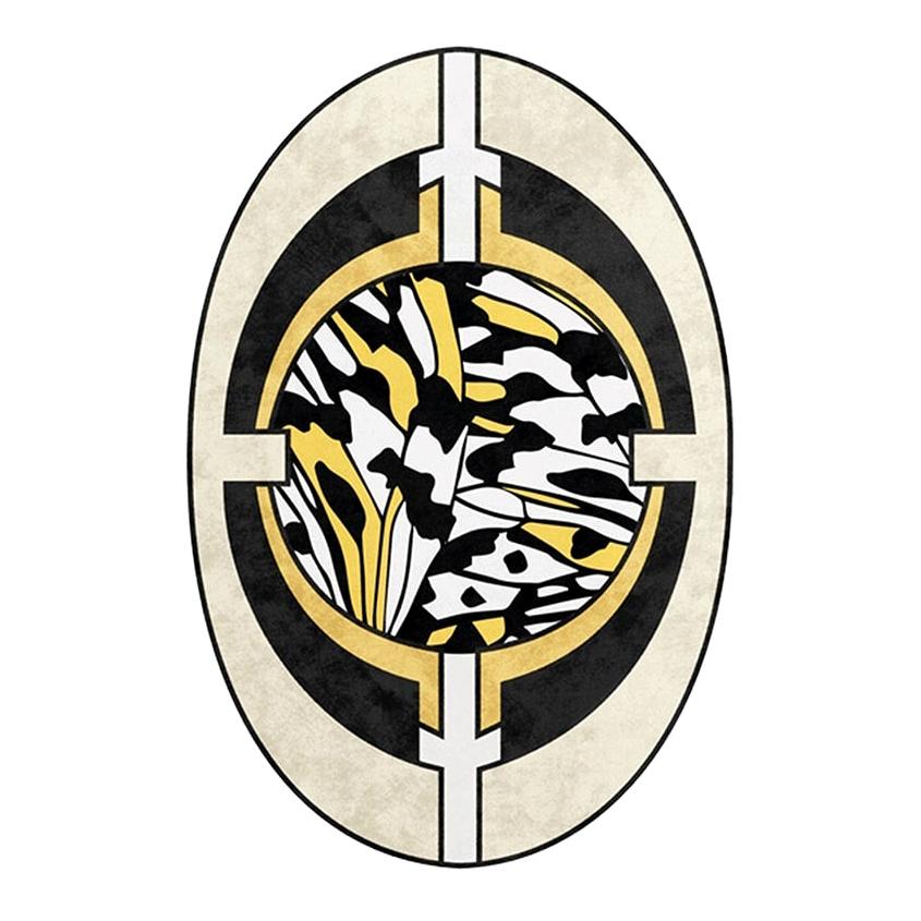 Tapis ovale géométrique contemporain noir et jaune en Lyocell tissé à la main