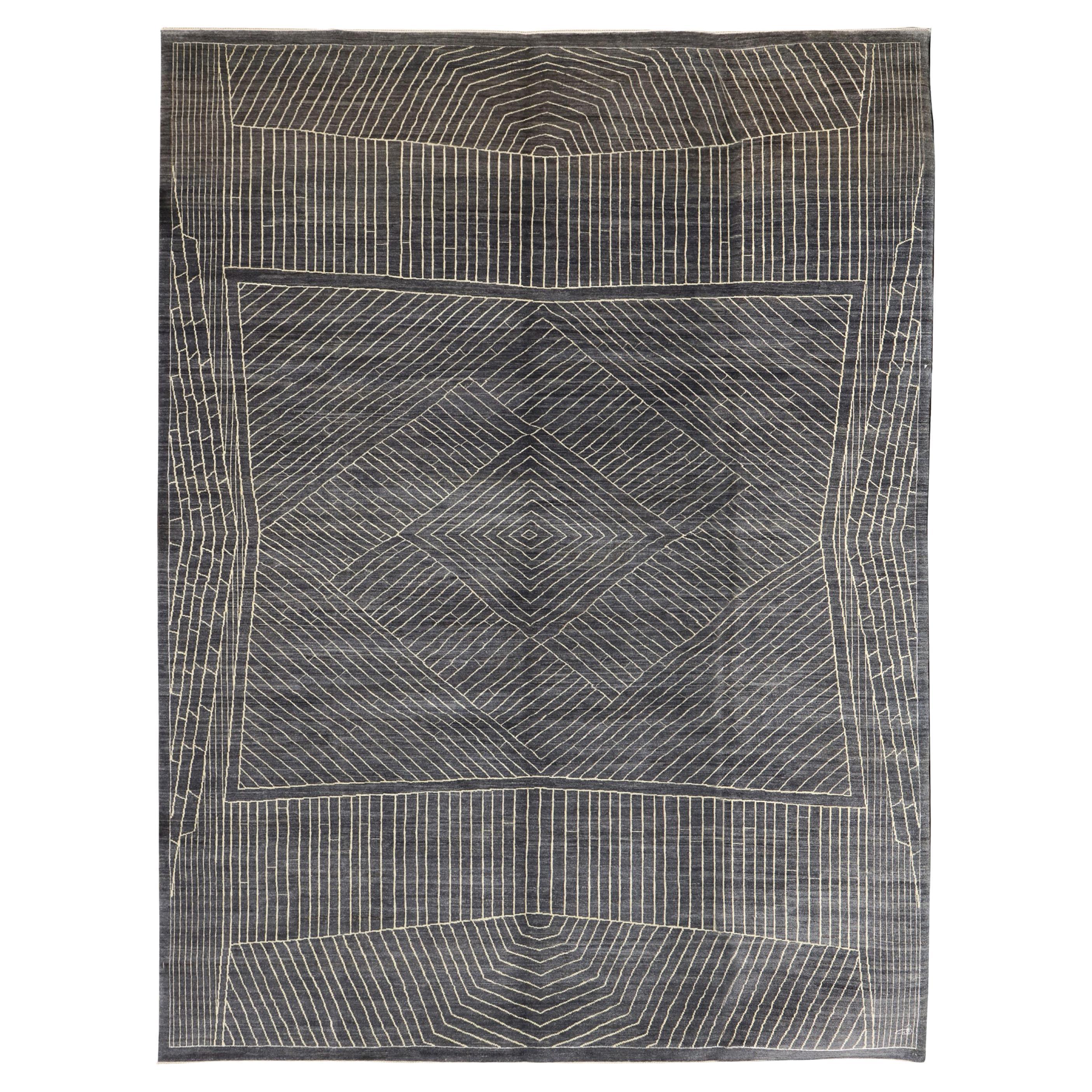 Zeitgenössischer geometrischer Perserteppich, Grau und Creme, 10x14, handgeknüpft