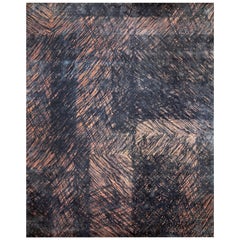 Contemporary Geometric Pink and Grey Wool-Silk Abstract Rug with Scribble Design