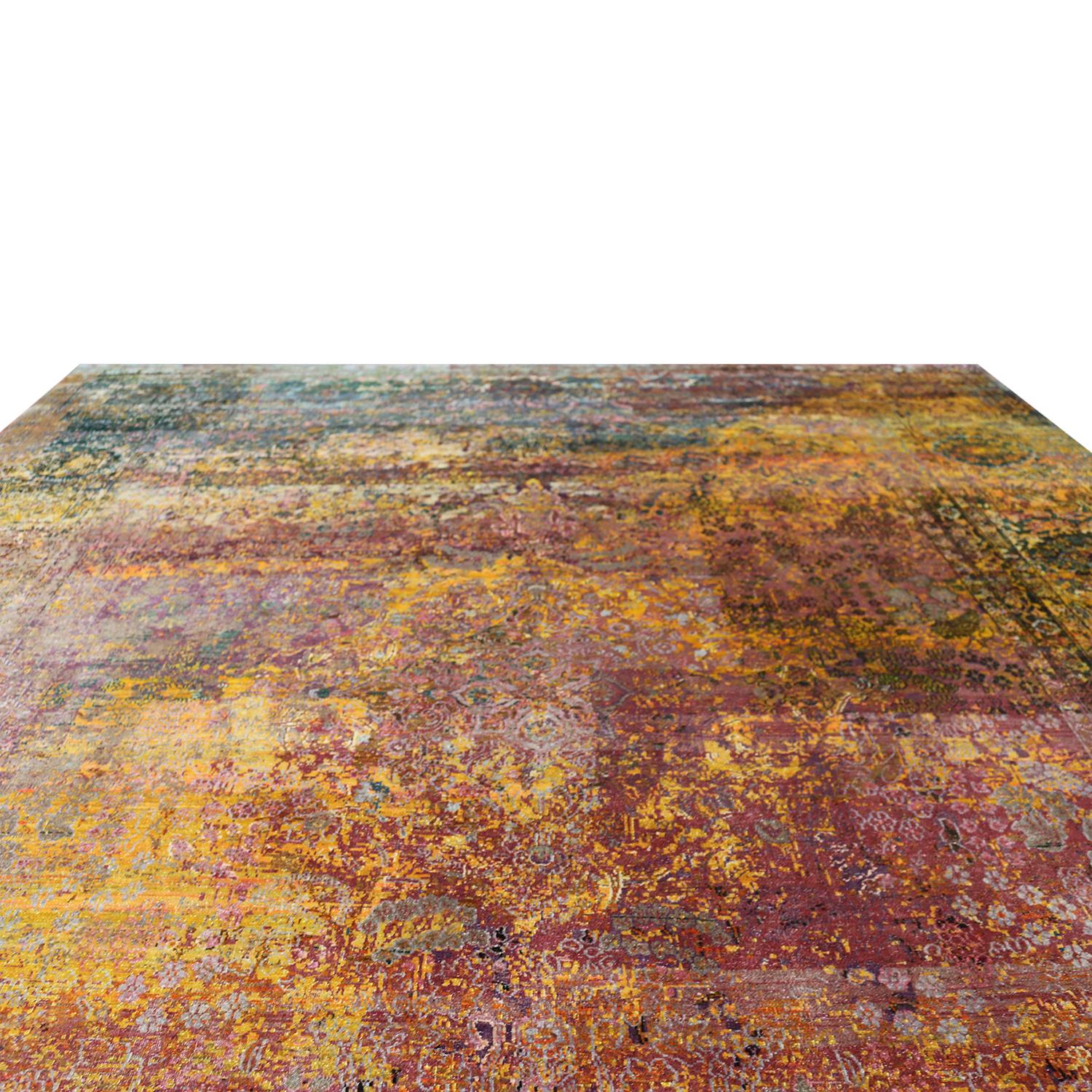Modern Contemporary Geometric Pomegranate and Gold Silk Rug