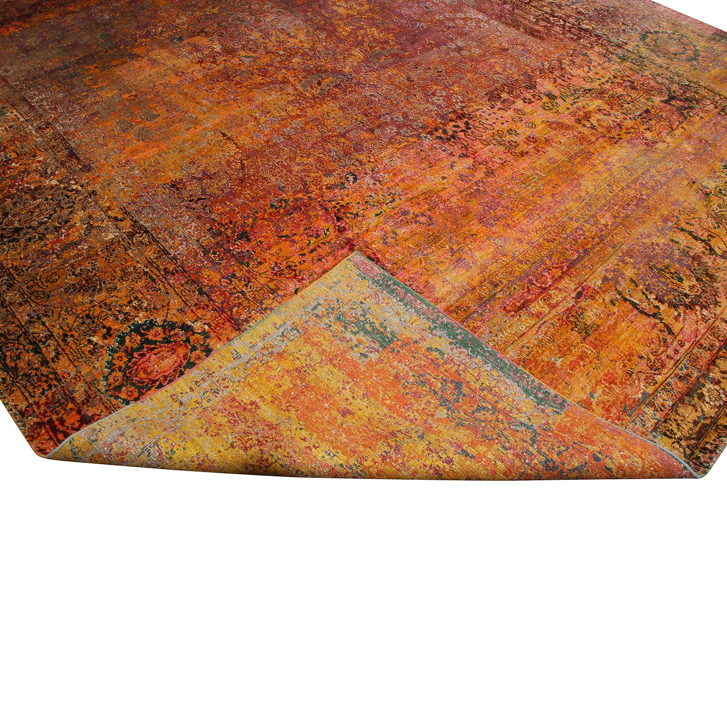 Hand-Knotted Rug & Kilim's Contemporary Geometric Pomegranate and Gold Silk Rug For Sale