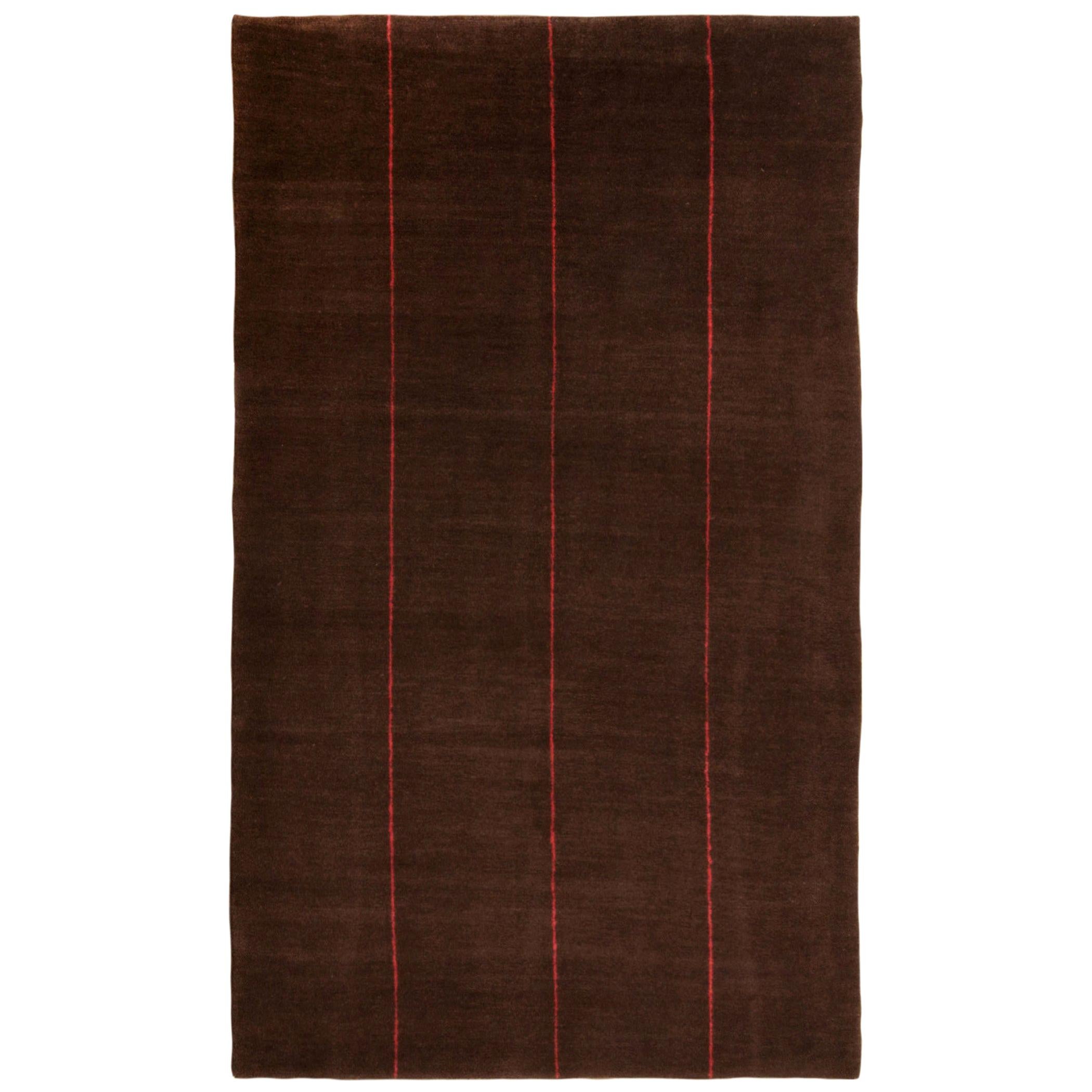 Rug & Kilim's Contemporary Geometric Red Line Brown Wool Geometric Rug For Sale