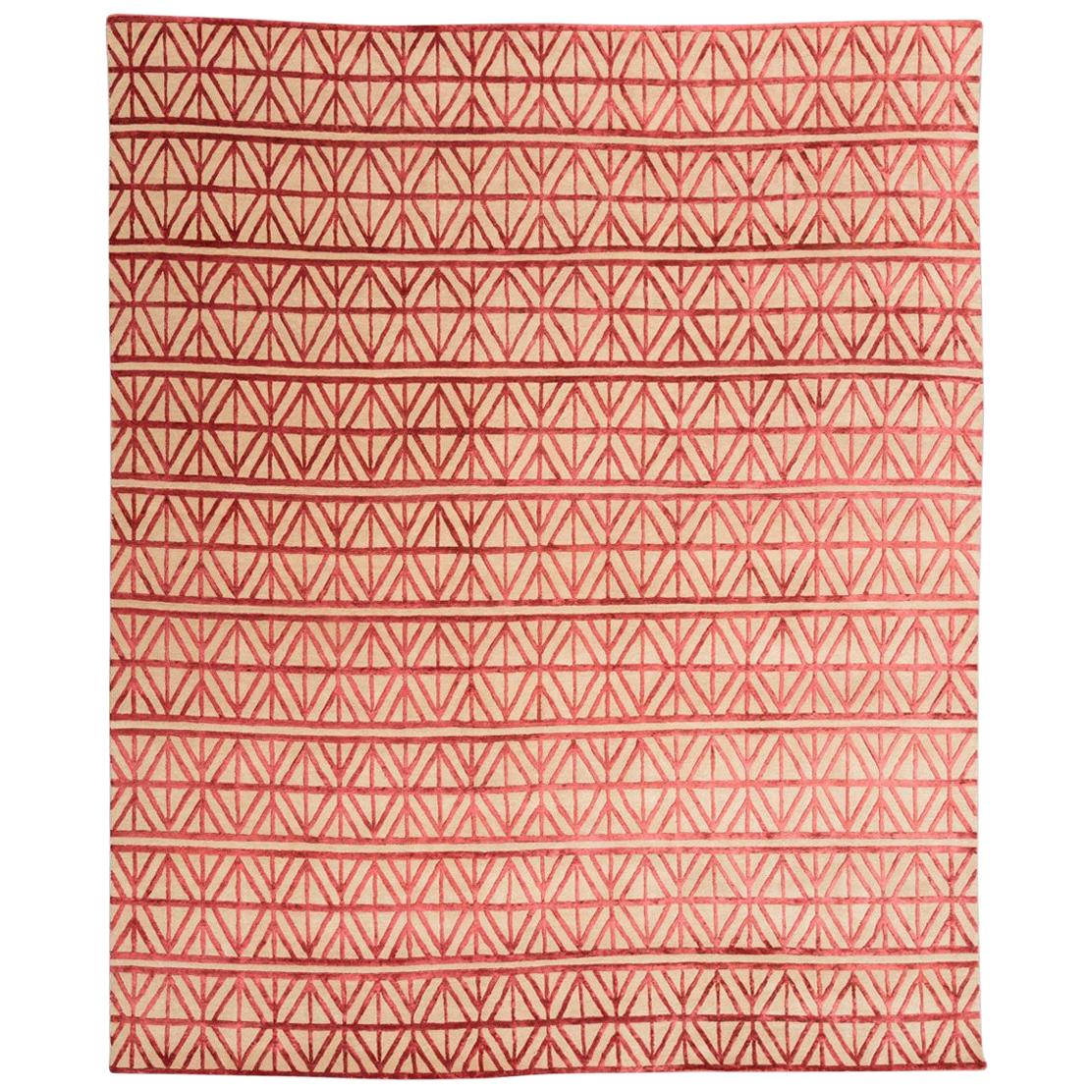 Tapis indien contemporain géométrique en laine et soie rouge en vente