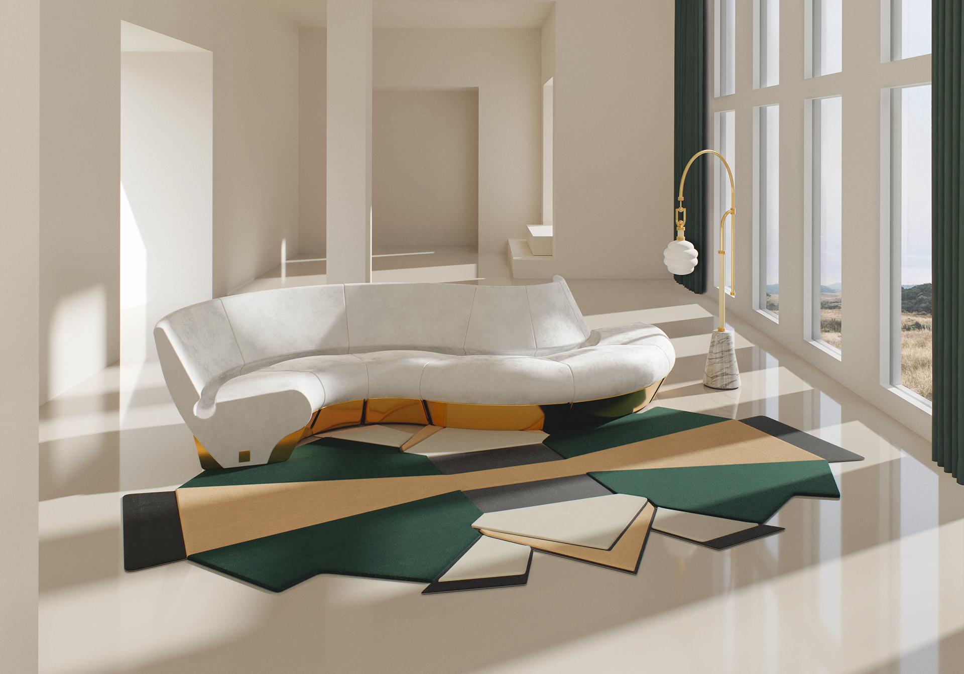 Contemporary Geometric Rug With Modern Pattern in Green, Black, Beige In Lyocell (Moderne) im Angebot