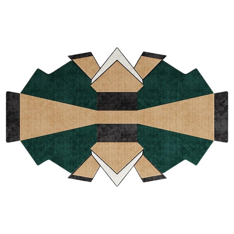 Tapis géométrique contemporain à motif moderne en vert, noir et beige Lyocell