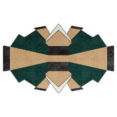 Contemporary Geometric Rug with Modern Pattern in Green, Black, Beige in Wool