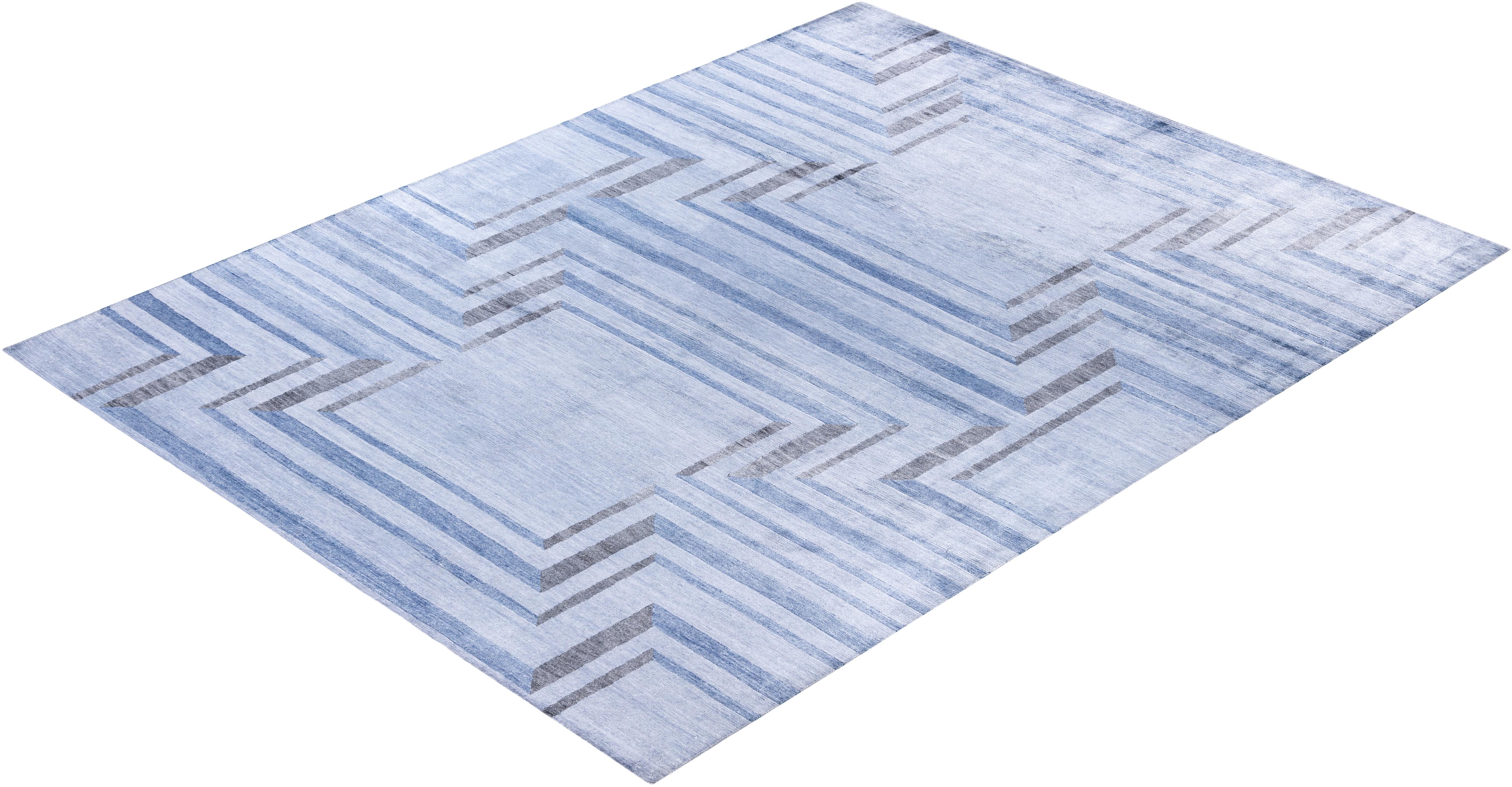 Tappeto Geometrico Contemporaneo in Seta Annodato a Mano Grigio 9' 1