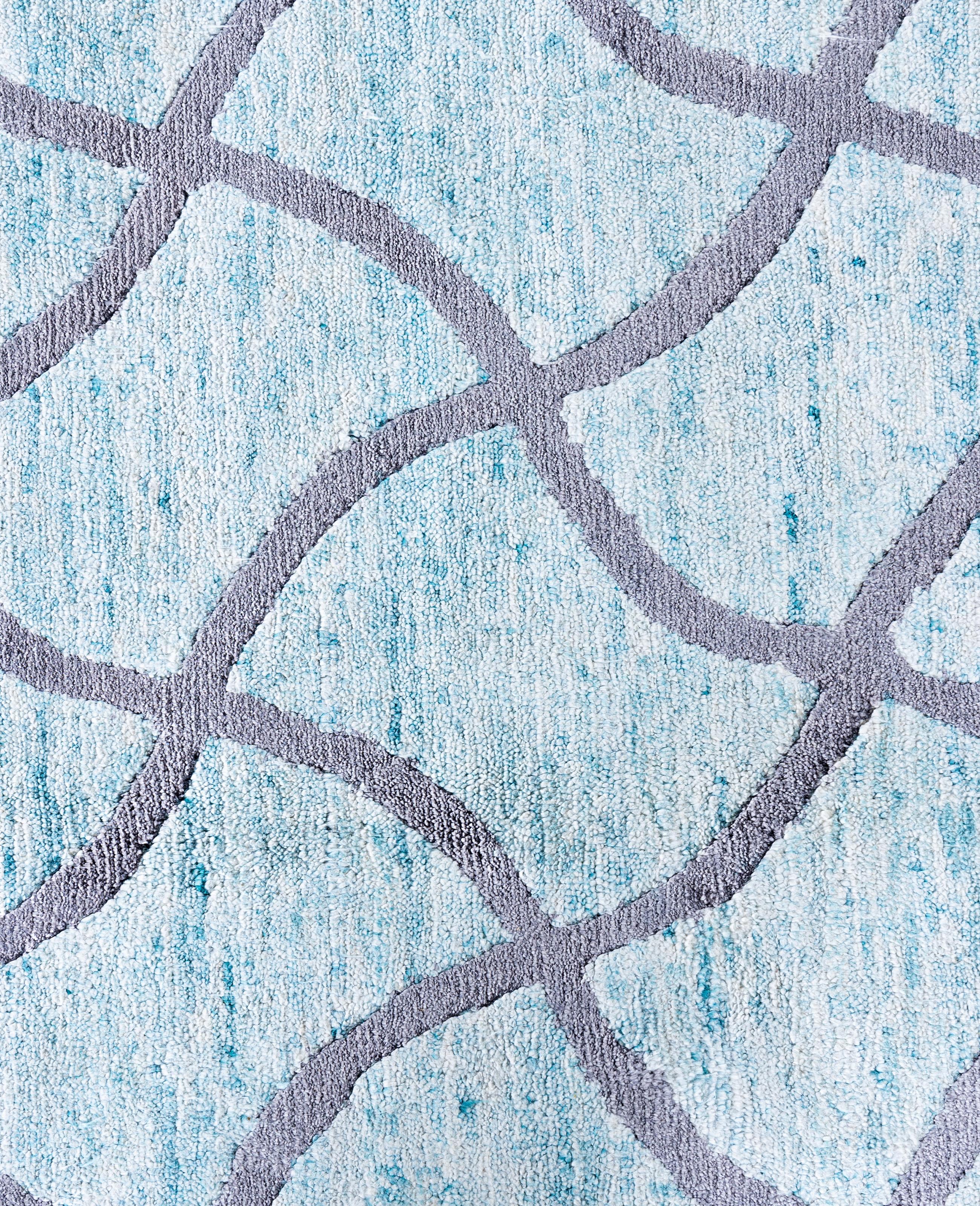 Contemporary Geometric Silk Hand Knotted Green Area Rug 9' 0
