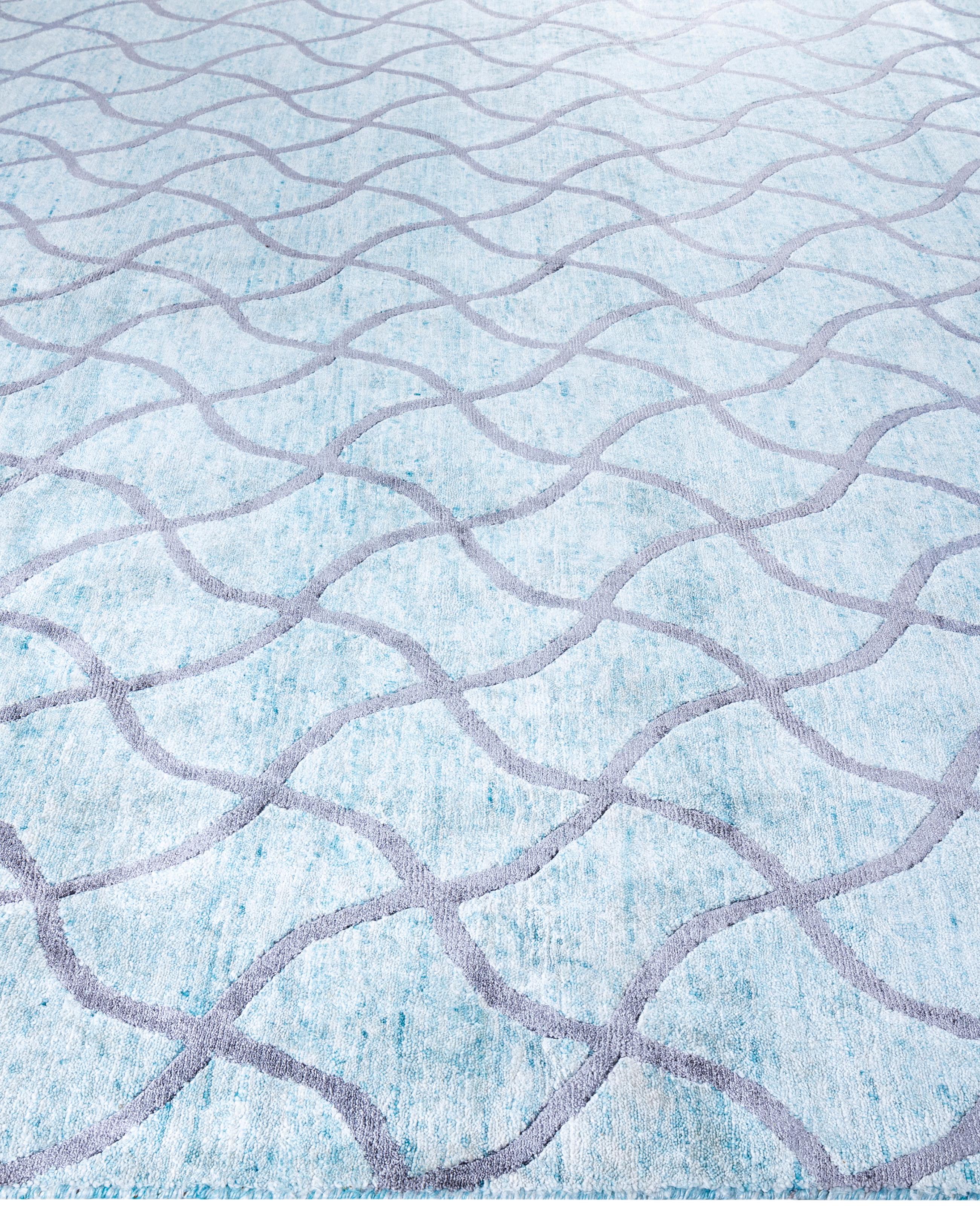 Contemporary Geometric Silk Hand Knotted Green Area Rug 9' 0