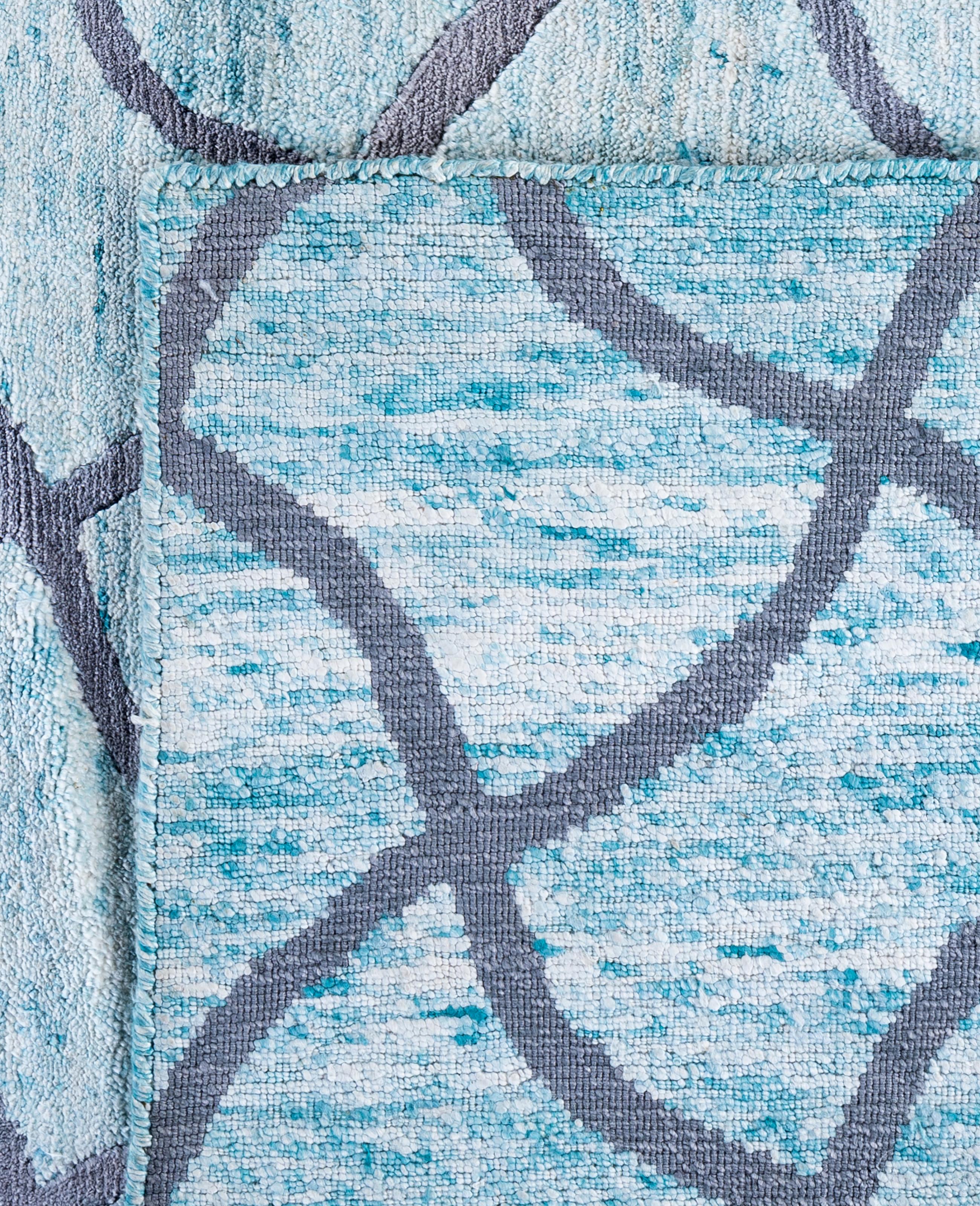 Contemporary Geometric Silk Hand Knotted Green Area Rug 9' 0