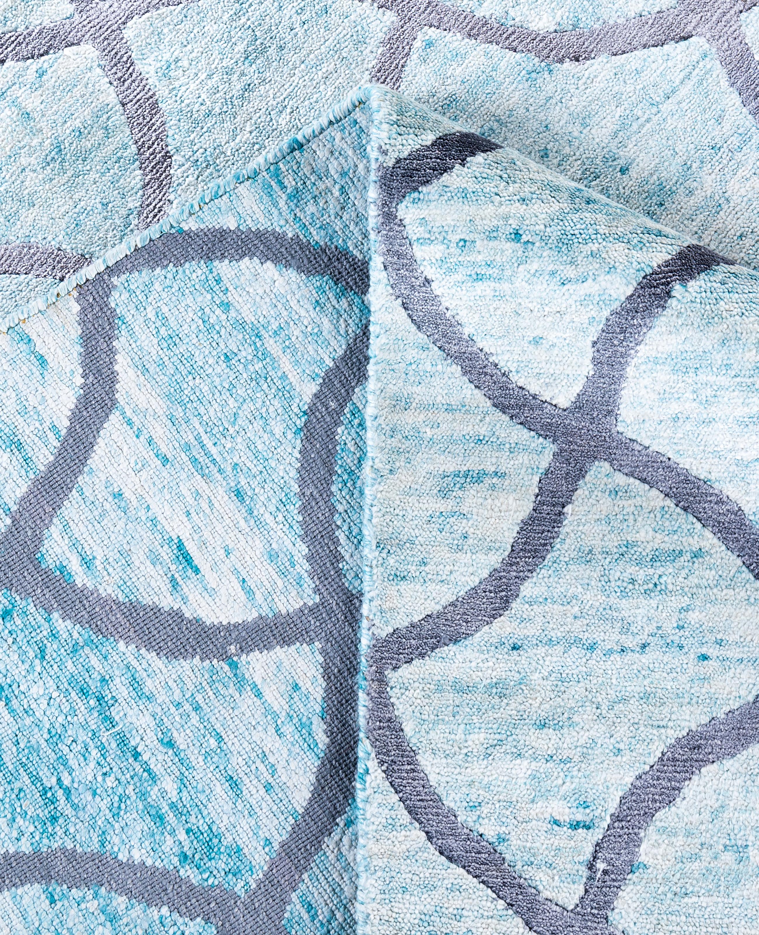 Contemporary Geometric Silk Hand Knotted Green Area Rug 9' 0