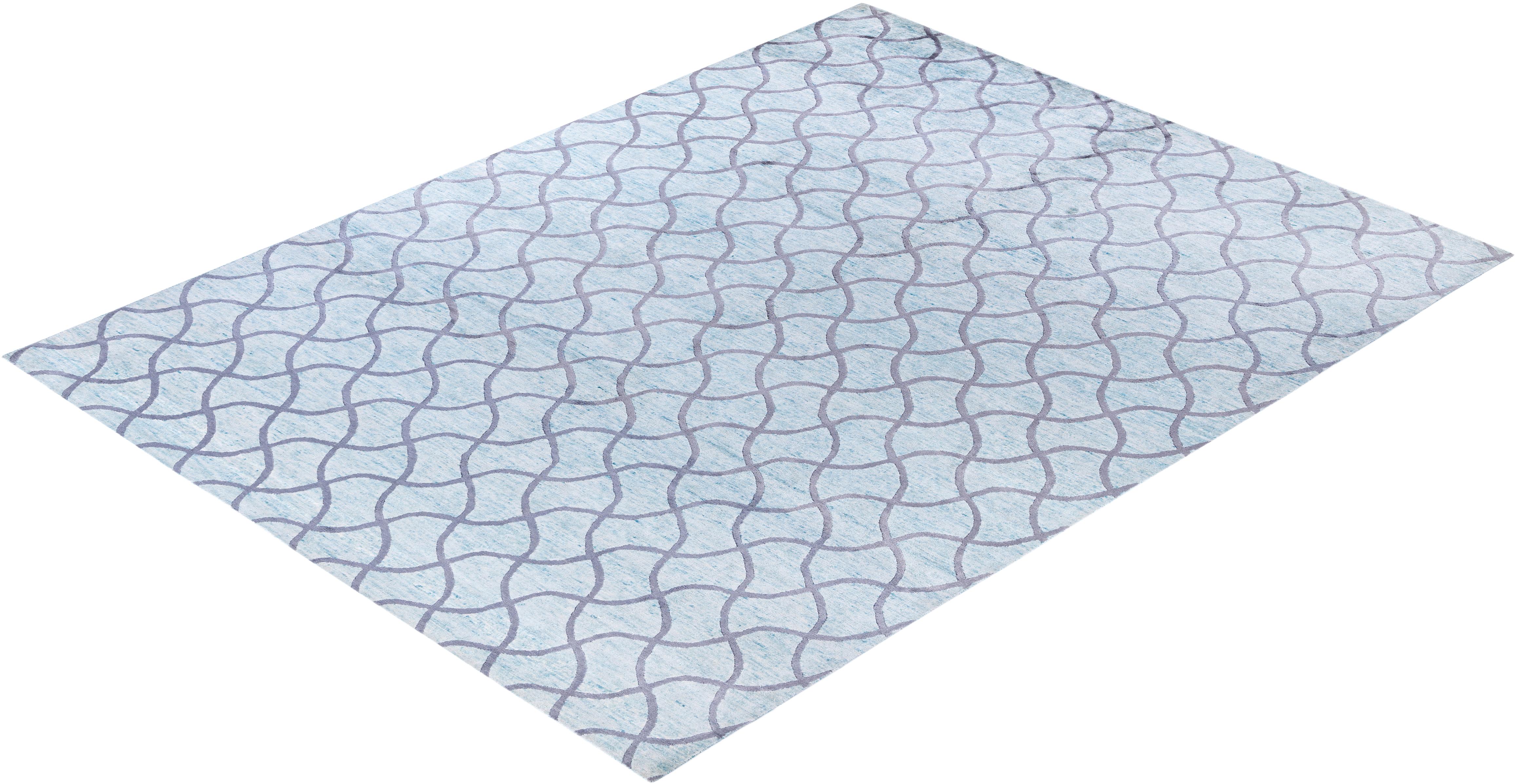 Contemporary Geometric Silk Hand Knotted Green Area Rug 9' 0